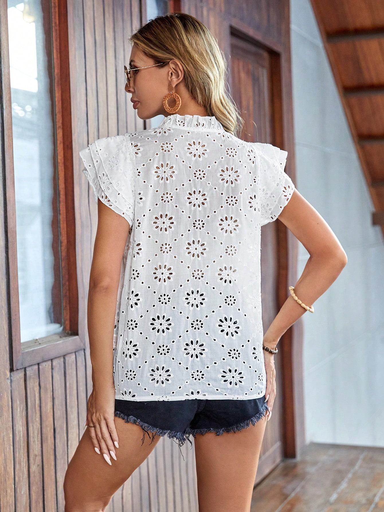 Random Eyelet Embroidery Notched Collar Blouse