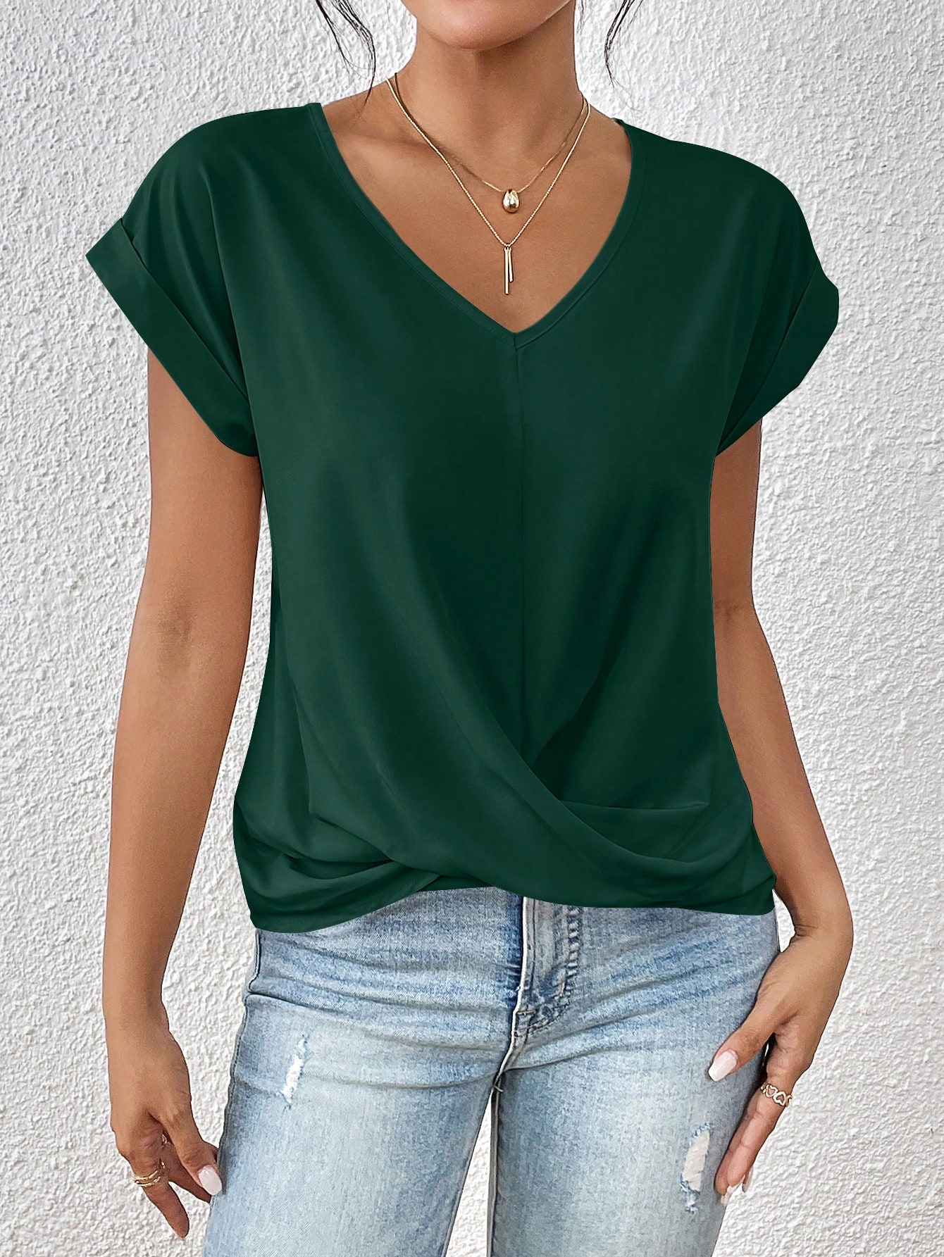 Solid Twist Front Batwing Sleeve Blouse