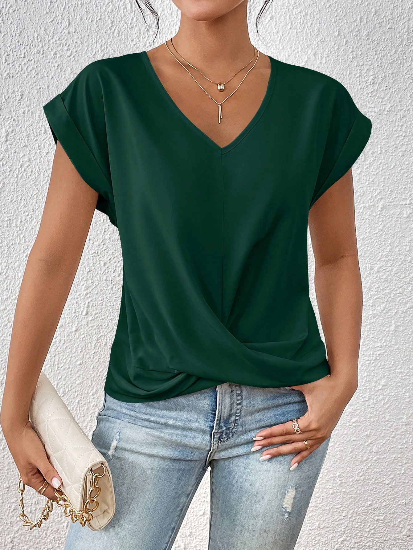 Solid Twist Front Batwing Sleeve Blouse