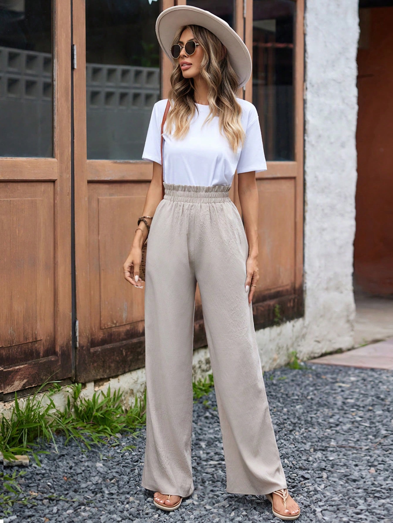 Pleated Waist Wide Leg Textured Trousers