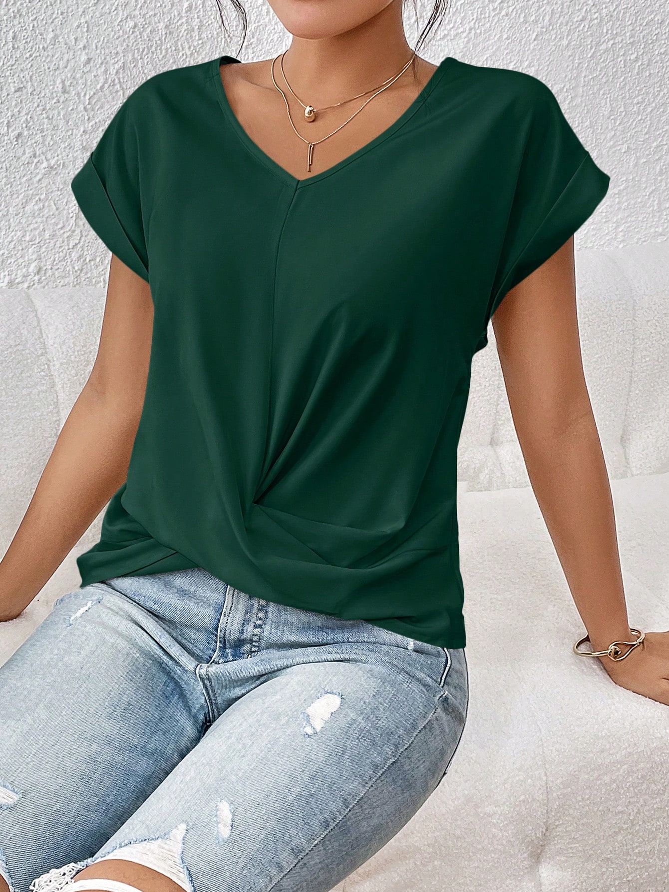 Solid Twist Front Batwing Sleeve Blouse