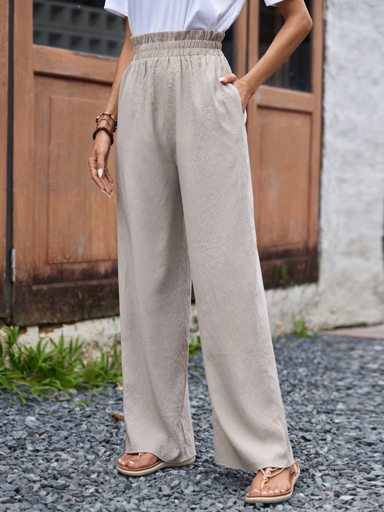 Pleated Waist Wide Leg Textured Trousers