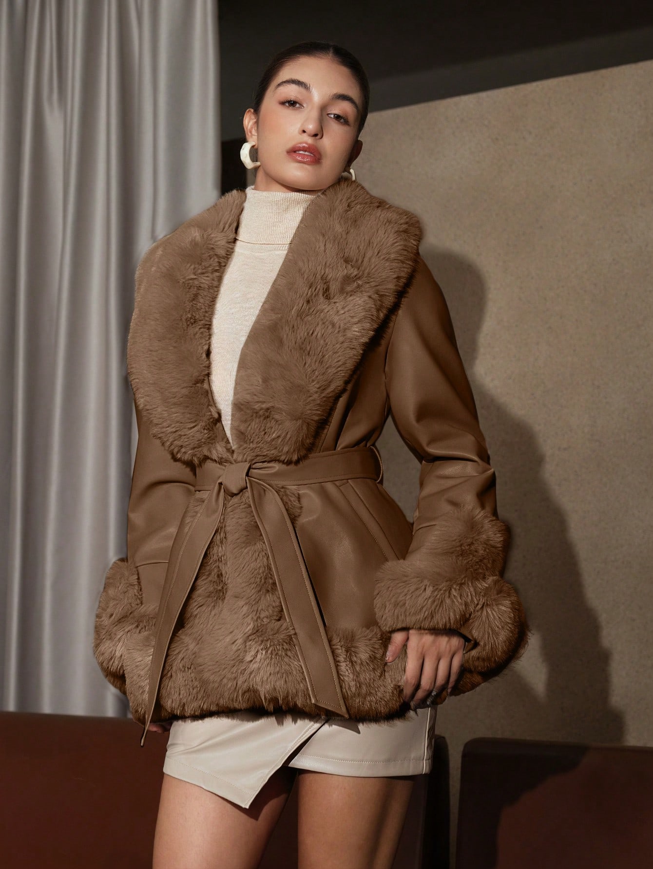 Anewsta Fuzzy Trim Side Pocket Belted Coat