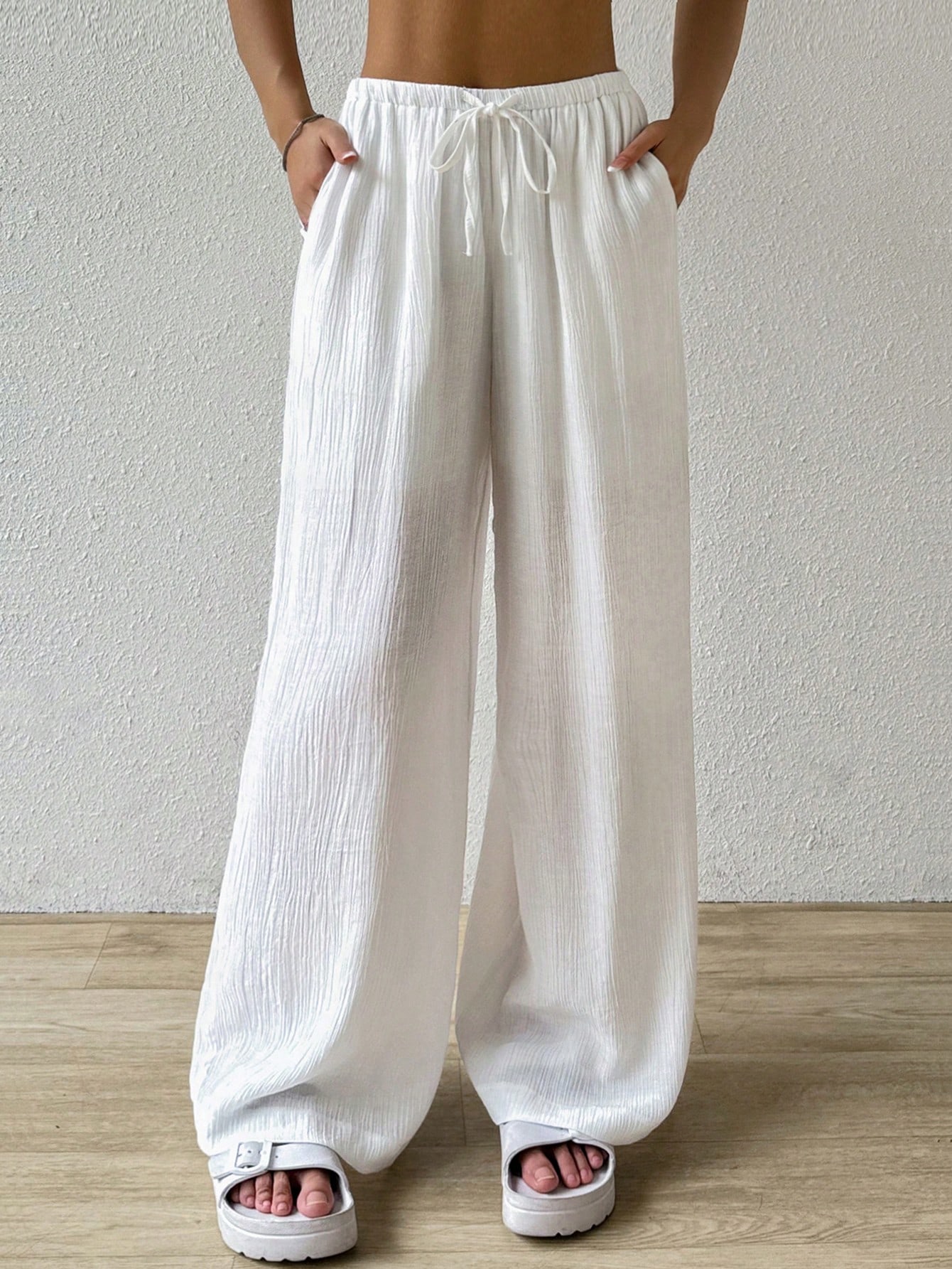 Women's Solid Color Waist Tie Long Pants