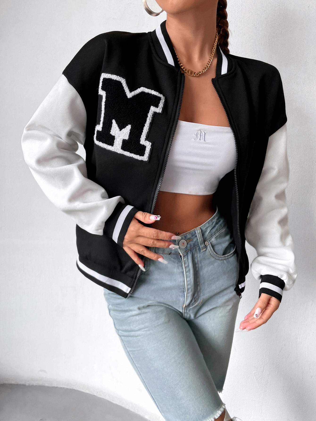 Letter Patched Striped Trim Drop Shoulder Bomber Jacket