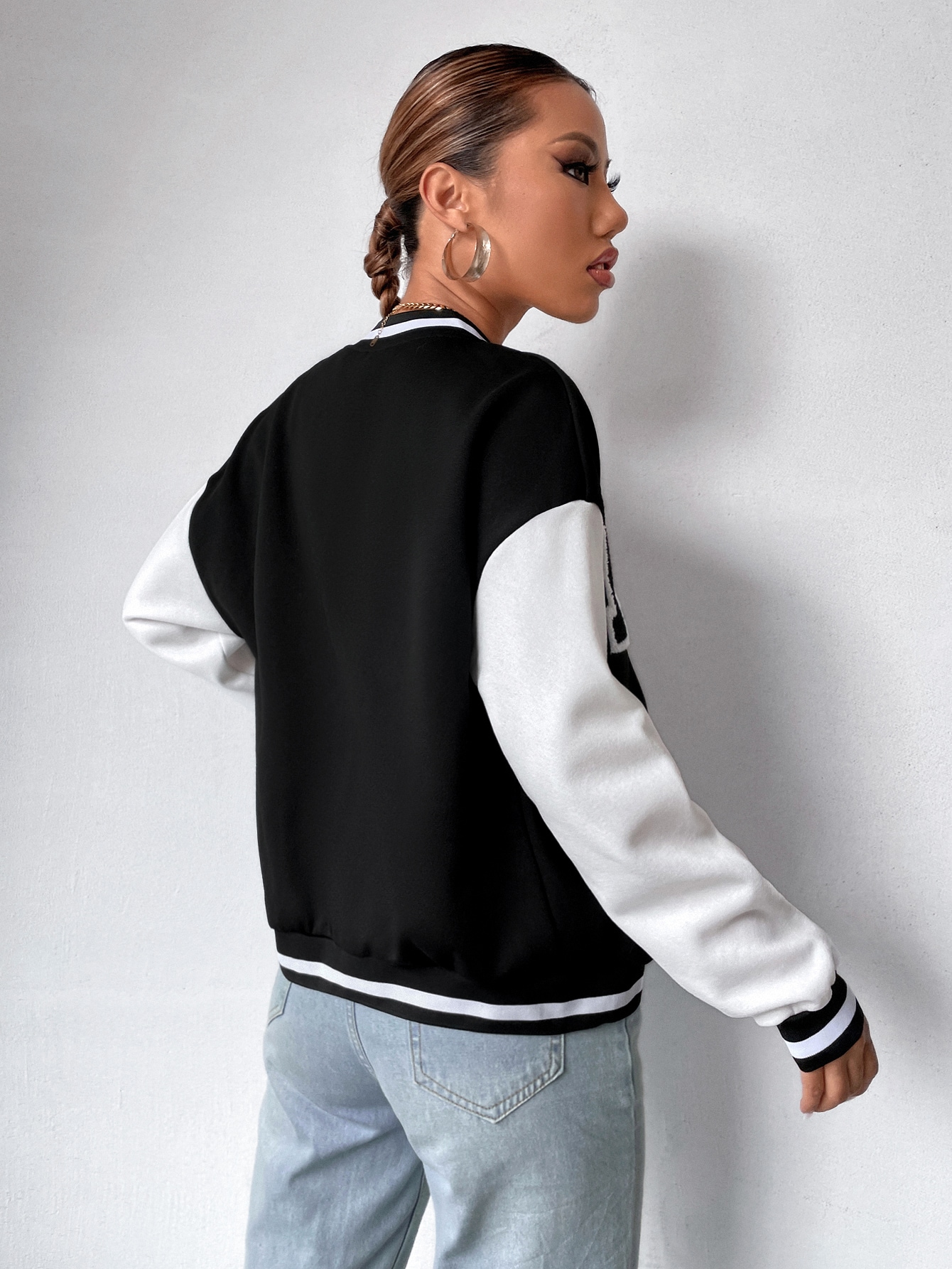 Letter Patched Striped Trim Drop Shoulder Bomber Jacket