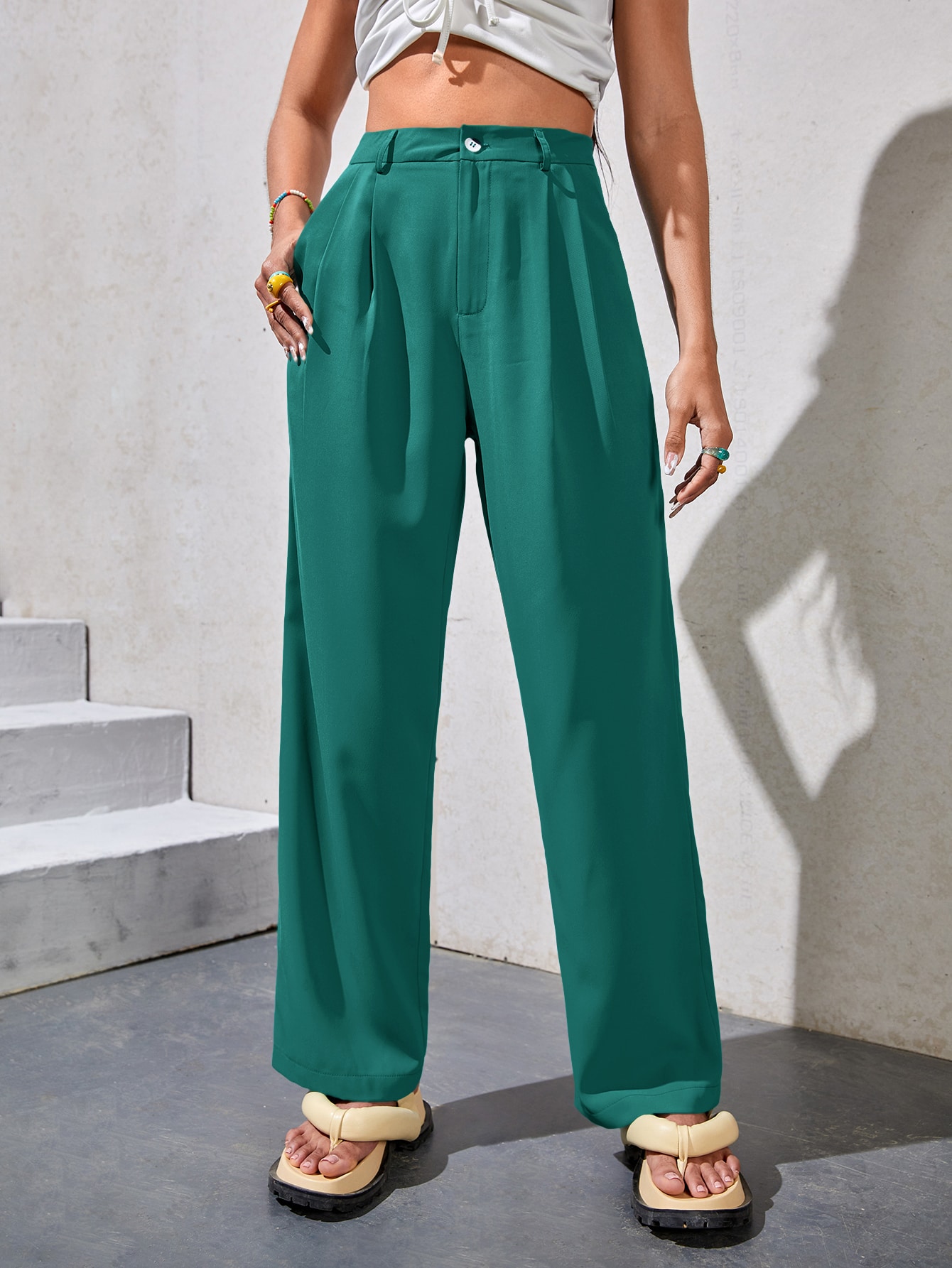 High Waist Plicated Detail Straight Leg Pants