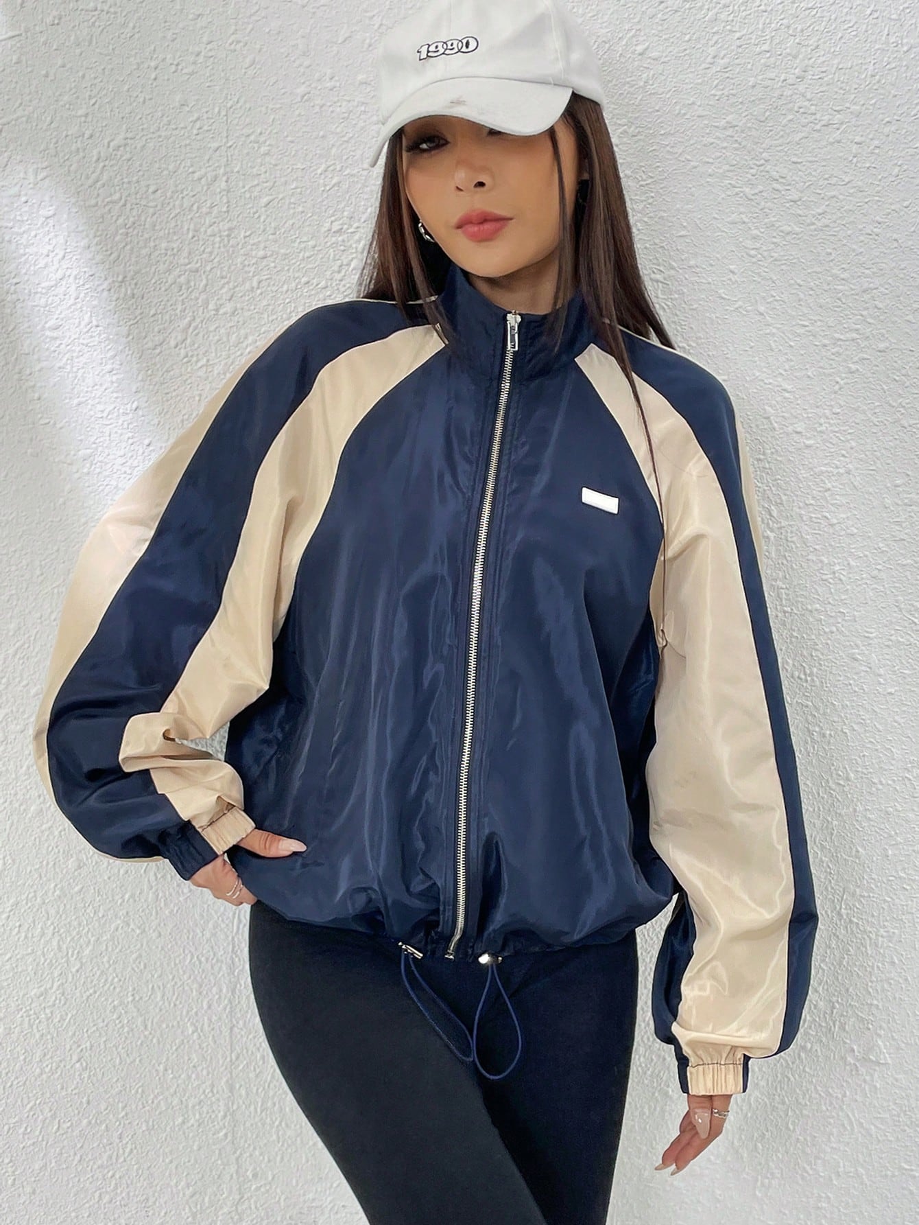 Spring Colorblock Raglan Sleeve Drawstring Hem Zip Up Windbreaker Jacket