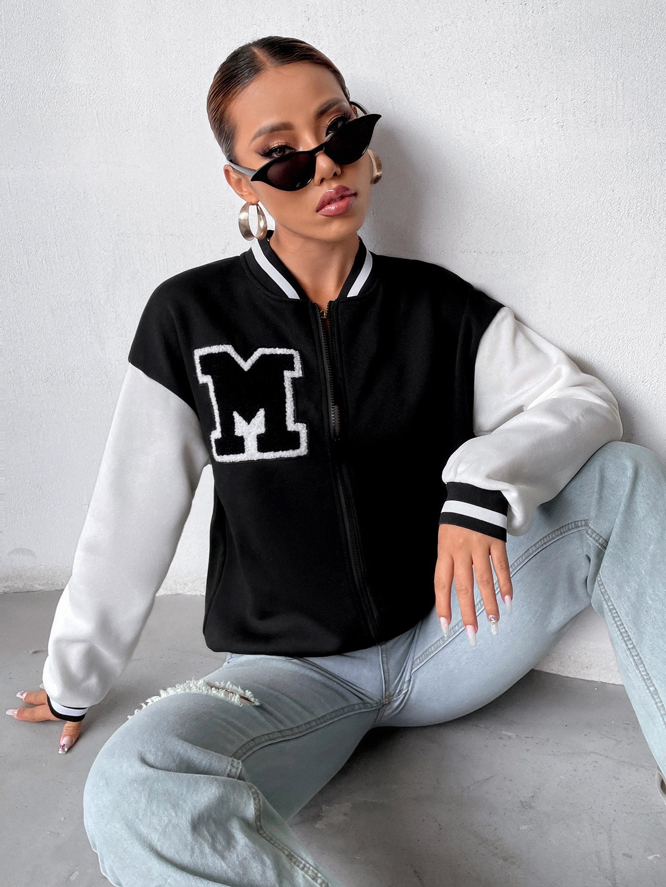 Letter Patched Striped Trim Drop Shoulder Bomber Jacket