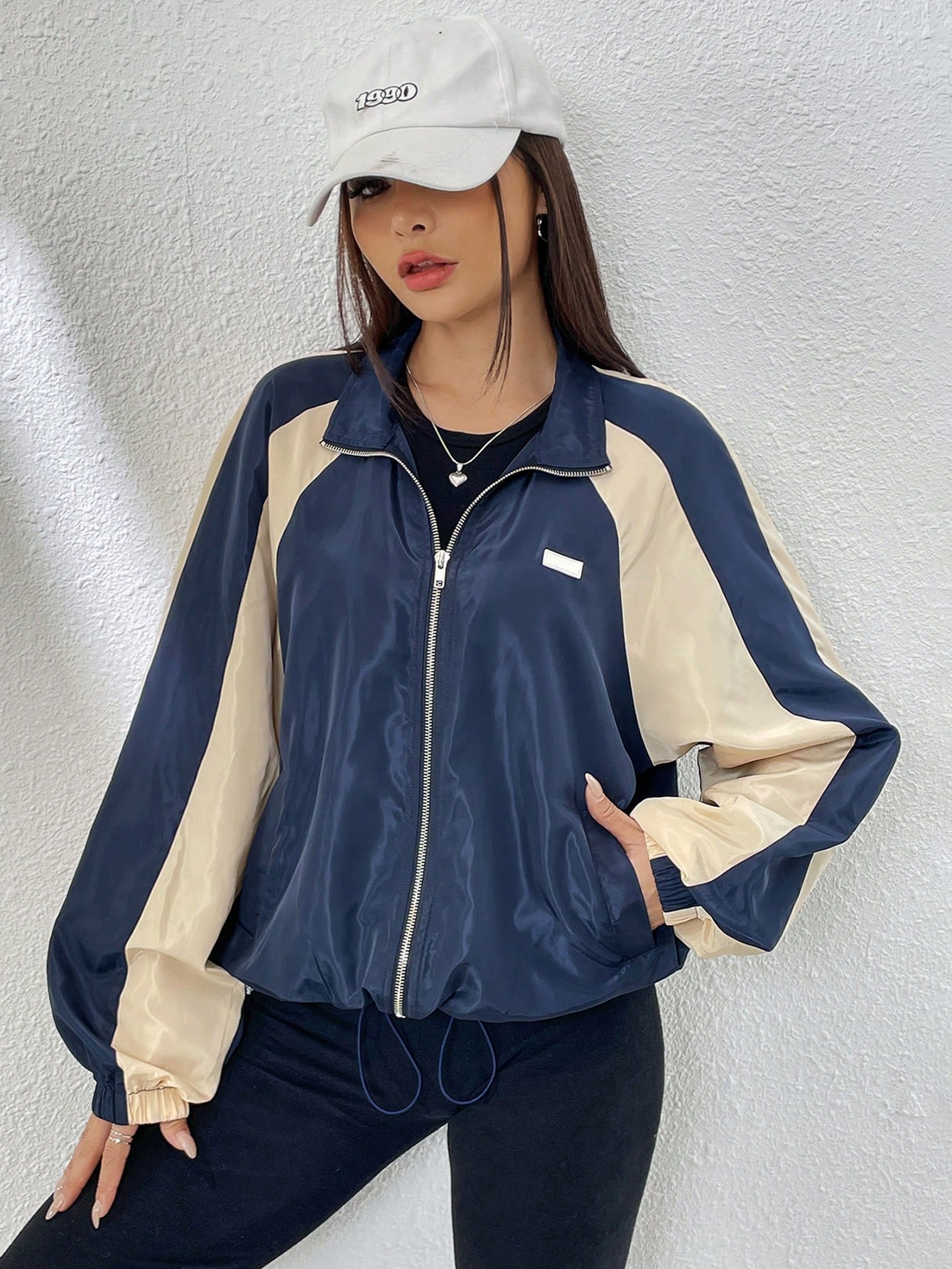 Spring Colorblock Raglan Sleeve Drawstring Hem Zip Up Windbreaker Jacket