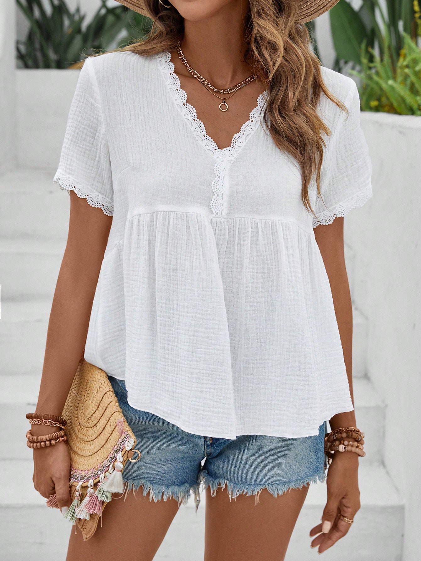 Solid Color Lace Trim Blouse