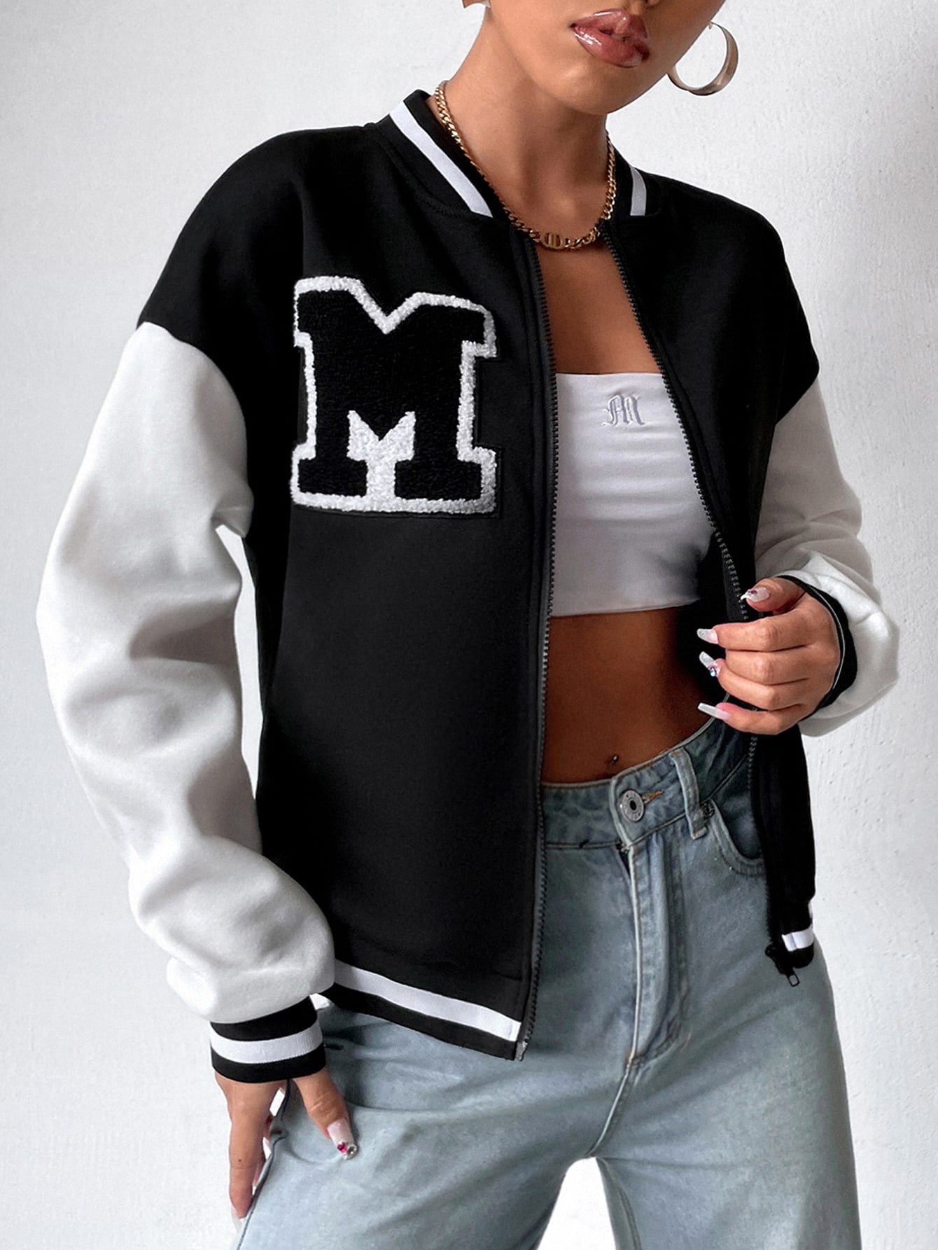 Letter Patched Striped Trim Drop Shoulder Bomber Jacket