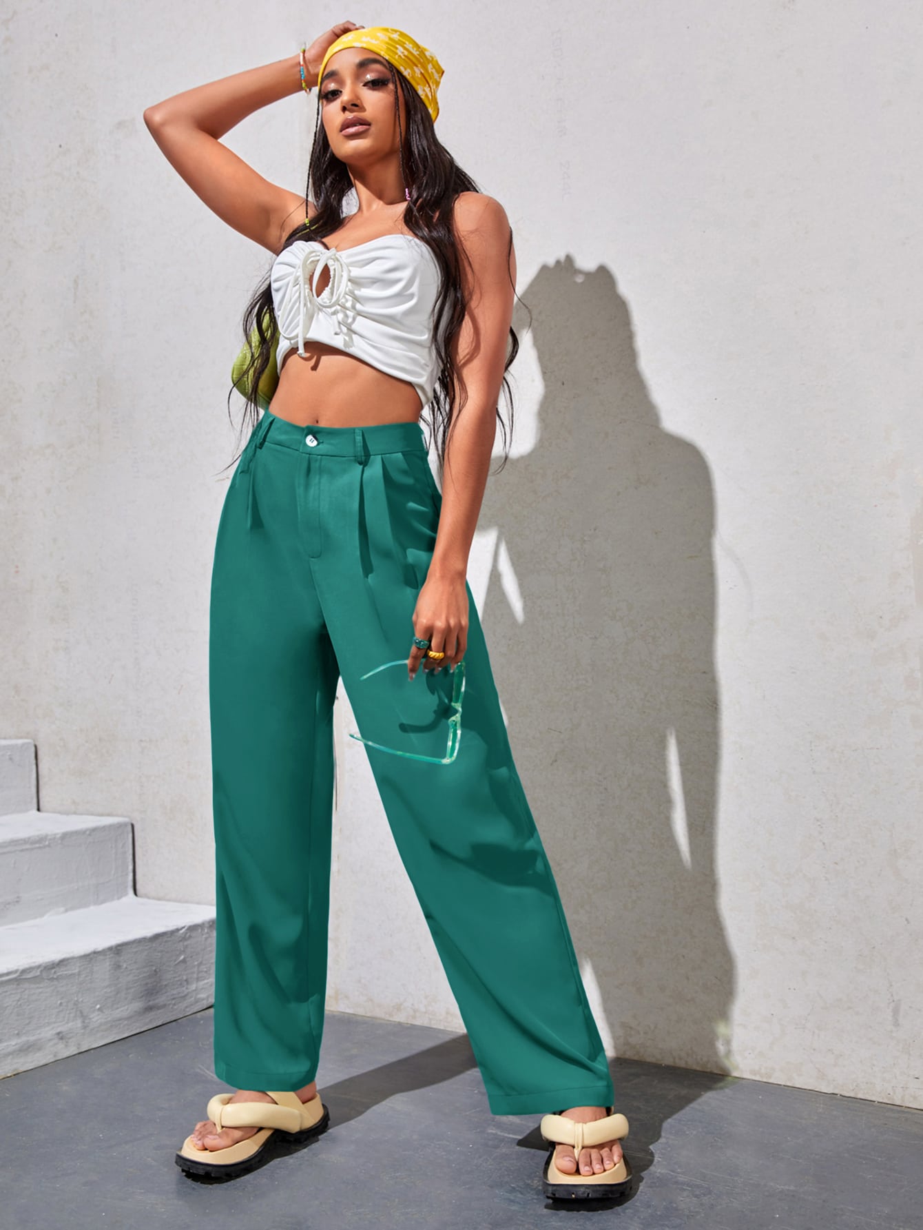 High Waist Plicated Detail Straight Leg Pants