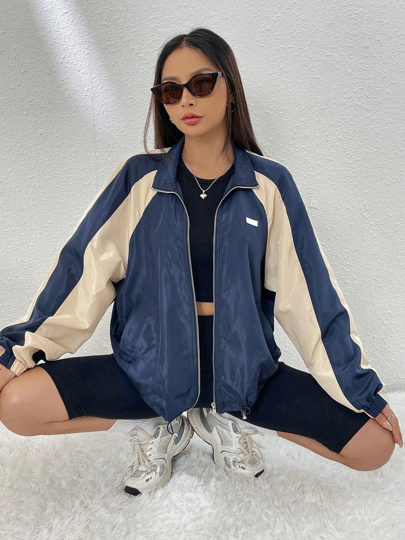 Spring Colorblock Raglan Sleeve Drawstring Hem Zip Up Windbreaker Jacket