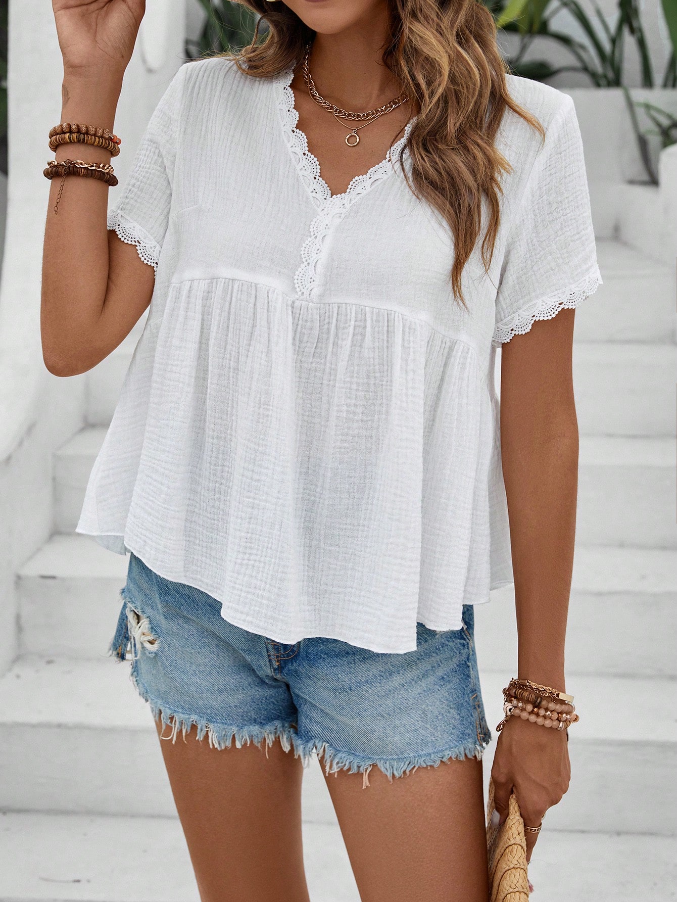 Solid Color Lace Trim Blouse