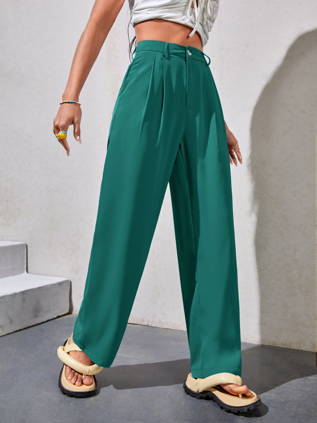 High Waist Plicated Detail Straight Leg Pants