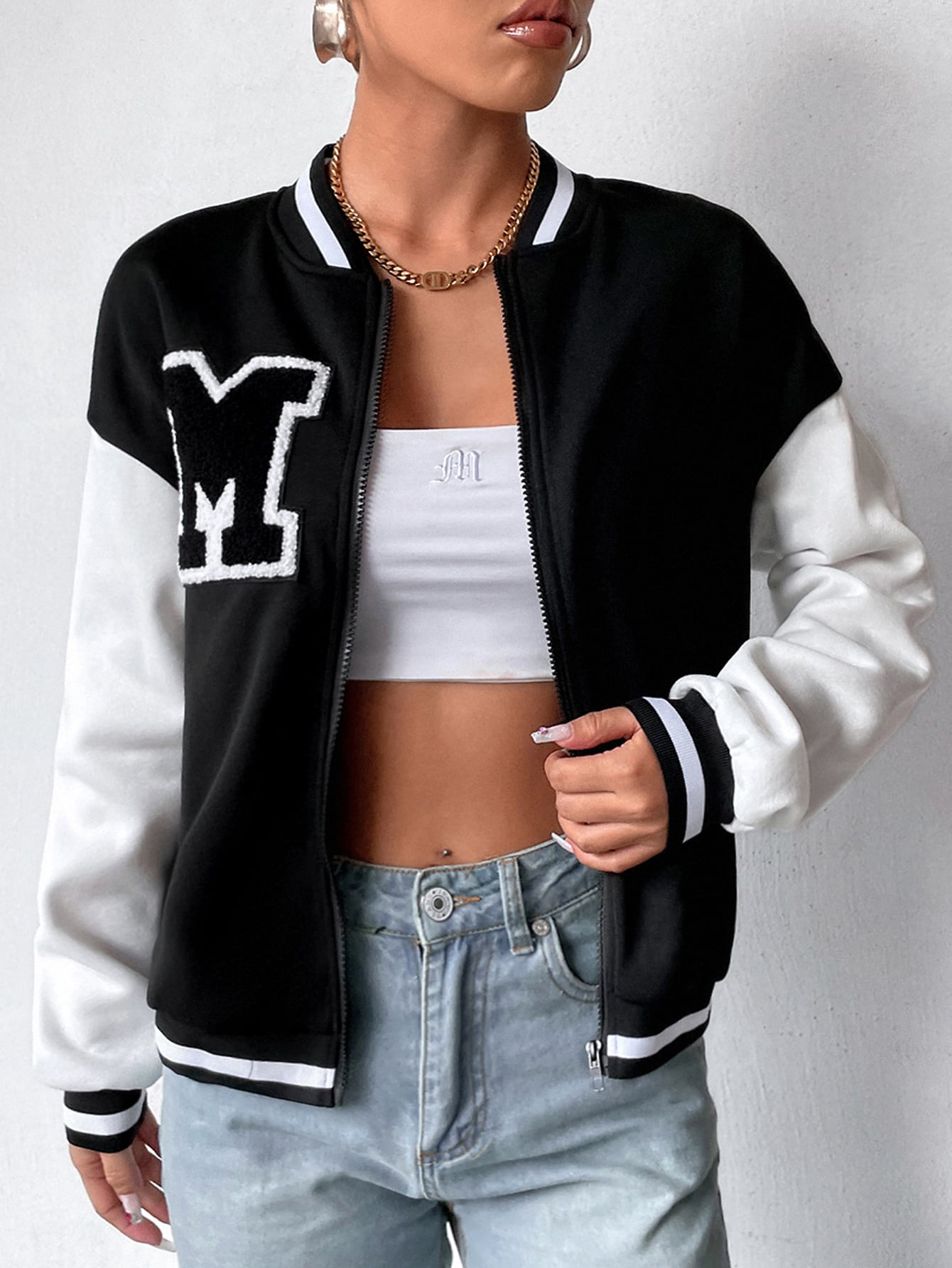 Letter Patched Striped Trim Drop Shoulder Bomber Jacket