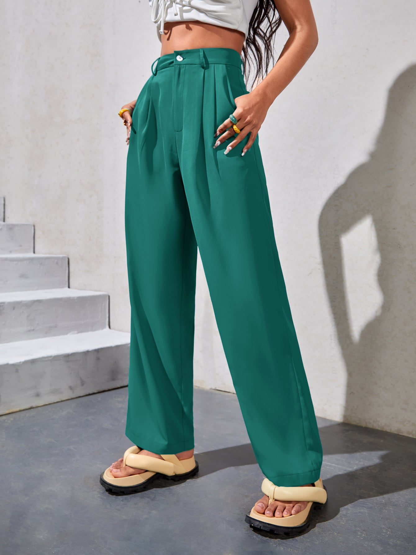 High Waist Plicated Detail Straight Leg Pants