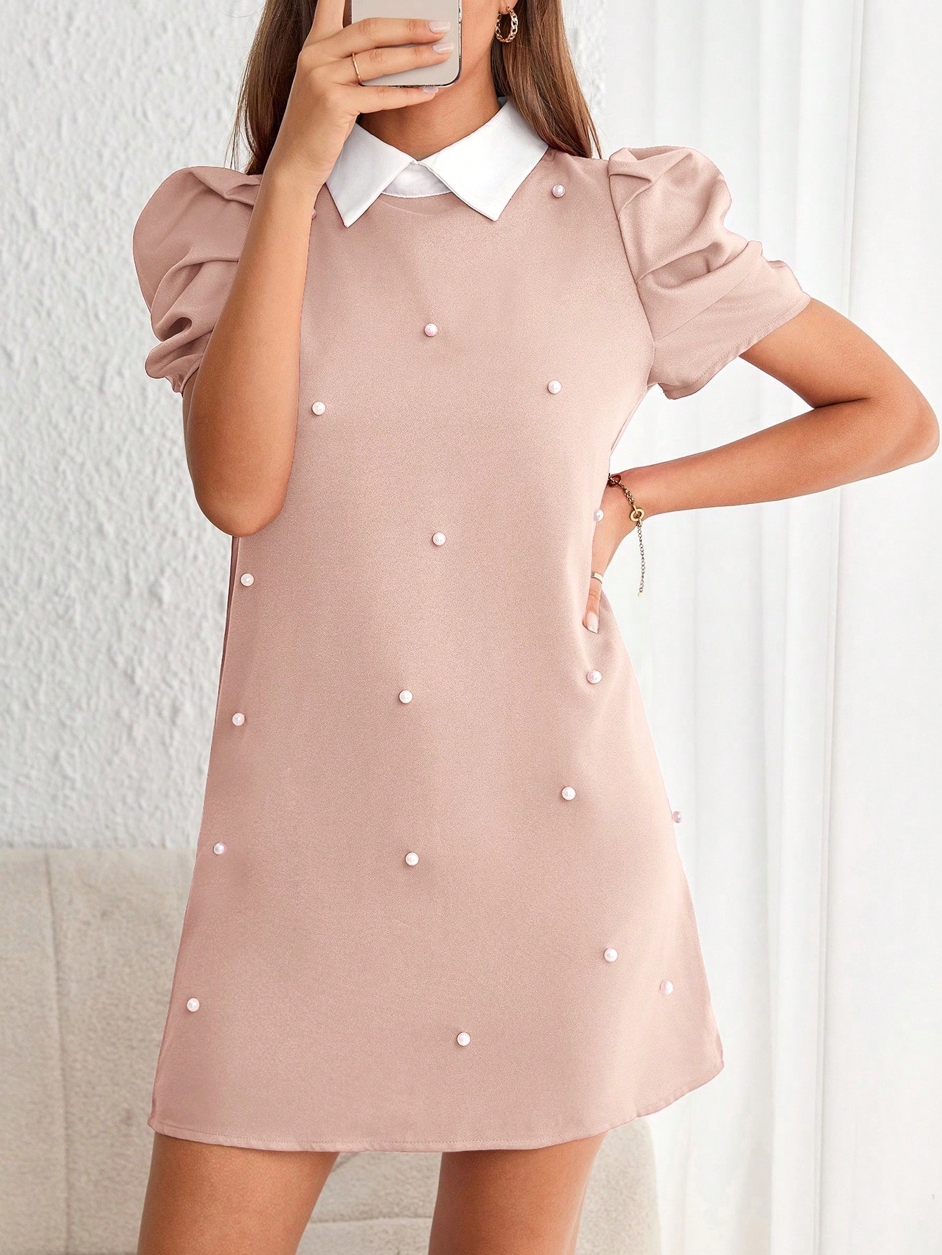 Pearls Beaded Puff Sleeve Dress