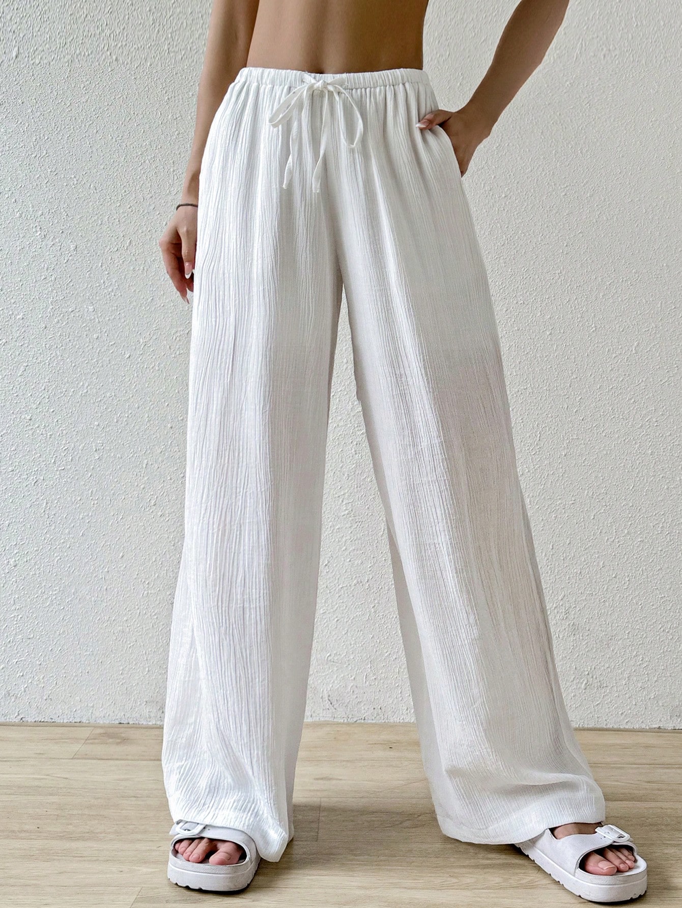 Women's Solid Color Waist Tie Long Pants