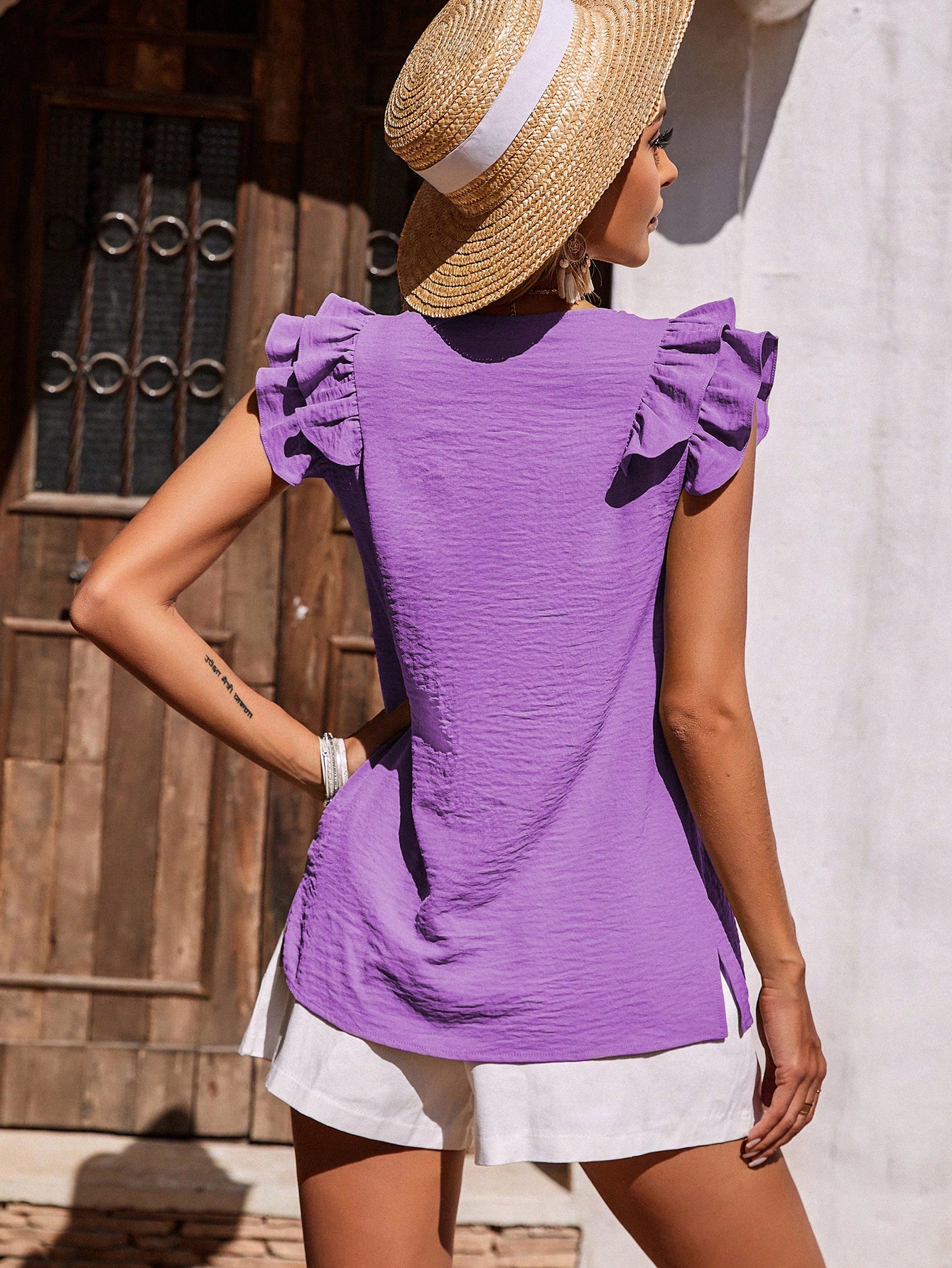 Solid Ruffle Trim V Neck Blouse