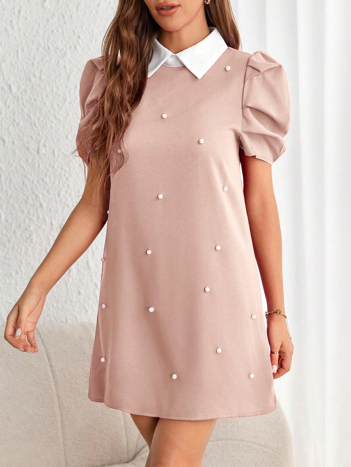 Pearls Beaded Puff Sleeve Dress