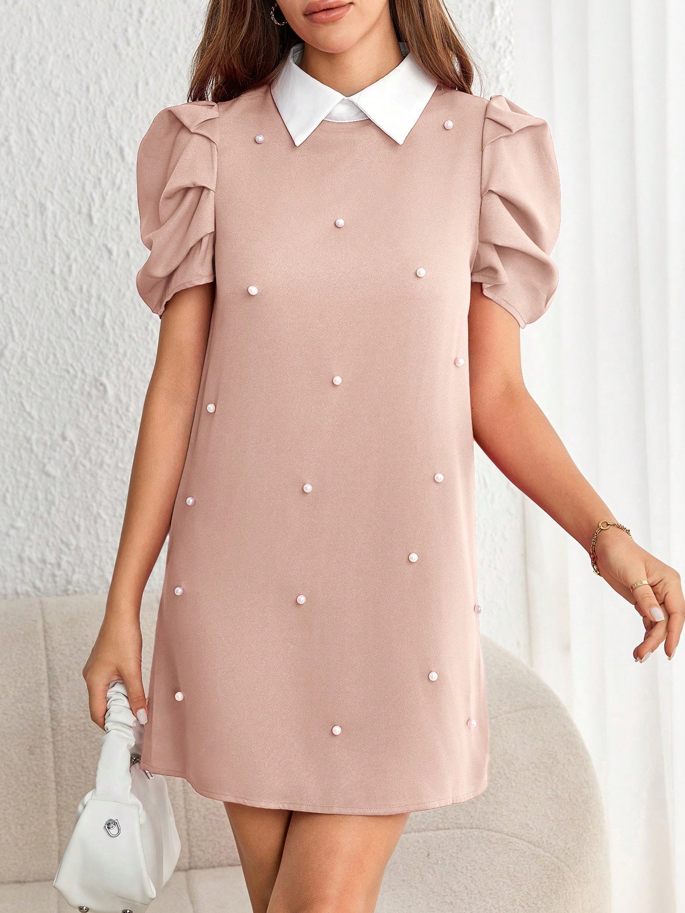 Pearls Beaded Puff Sleeve Dress