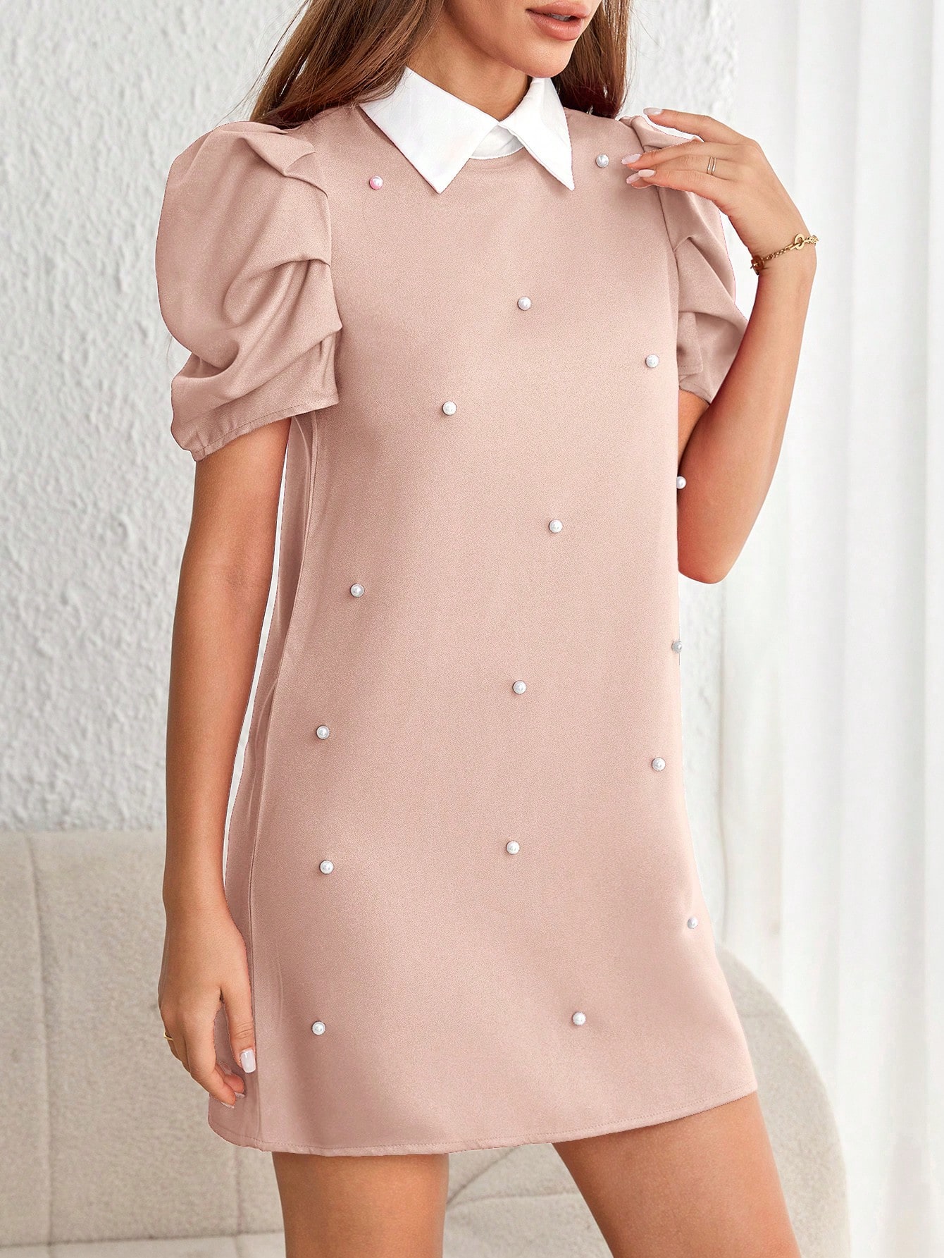 Pearls Beaded Puff Sleeve Dress