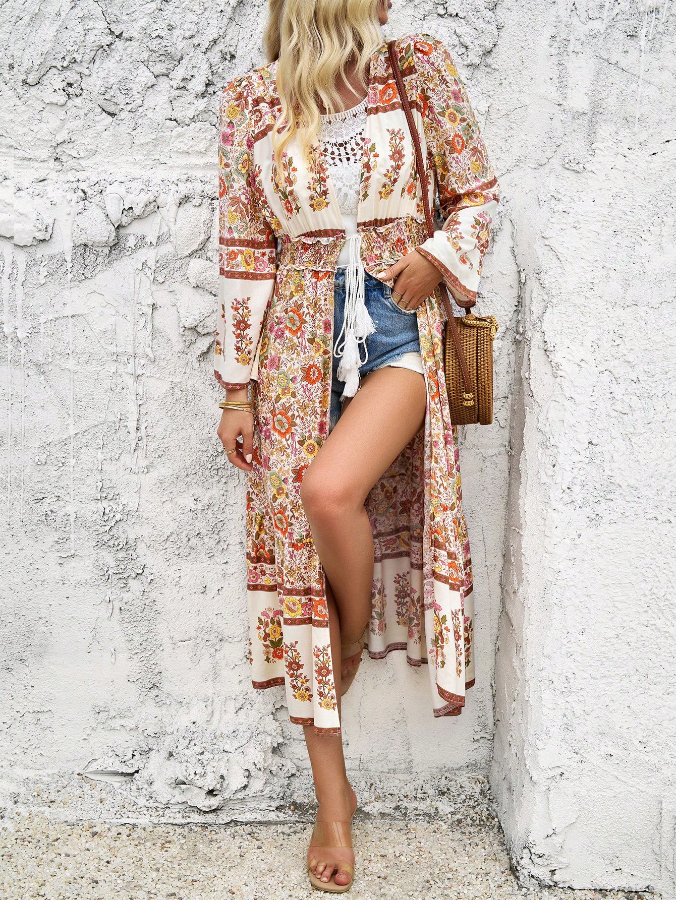 Floral Print Drawstring Waist Jacket