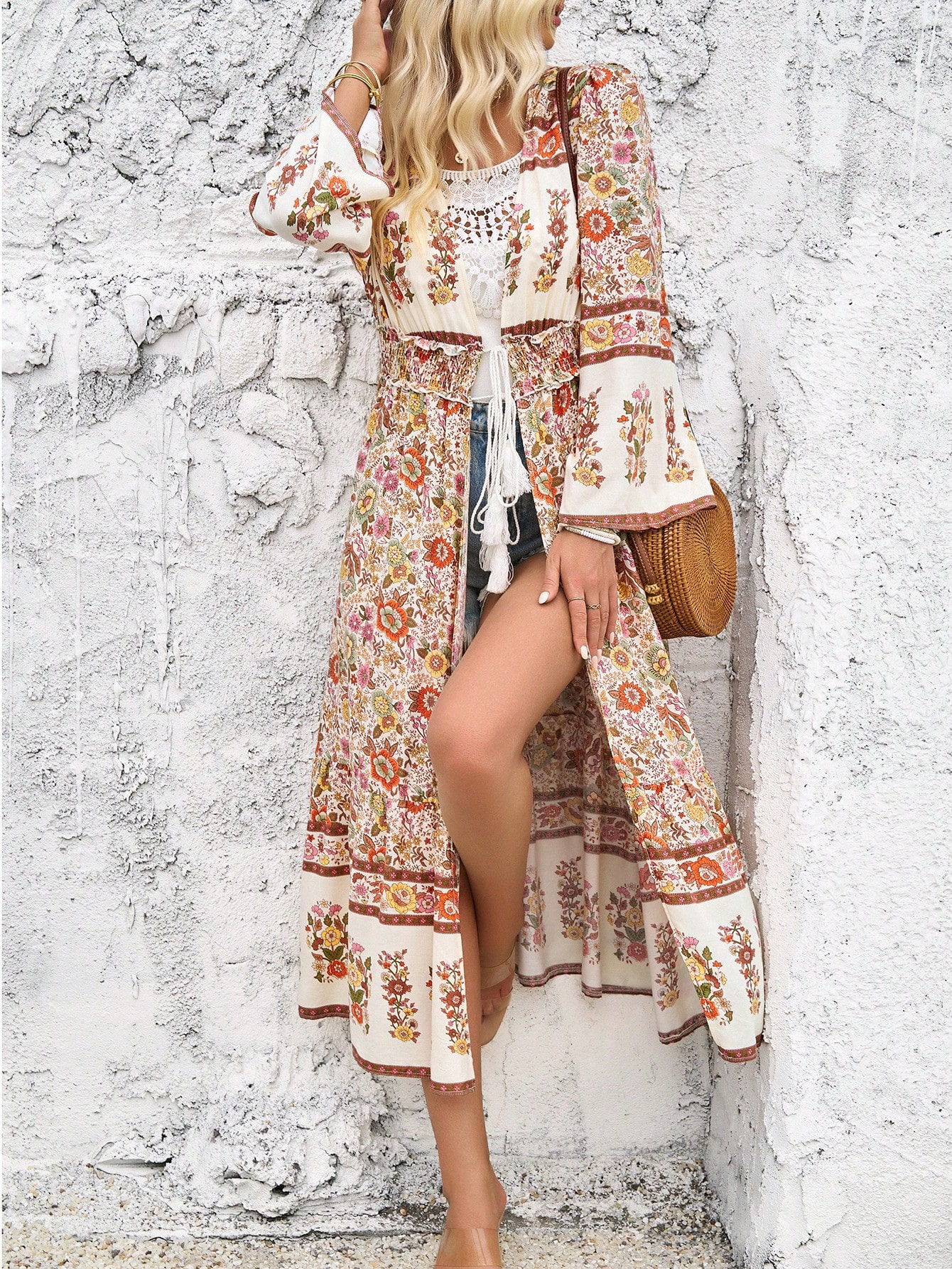 Floral Print Drawstring Waist Jacket