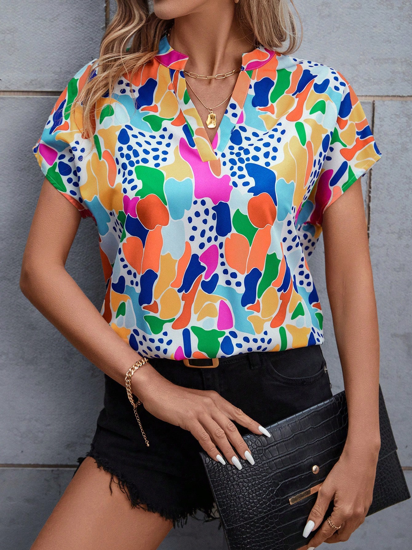 Geometric Print Notched Collar Shirt