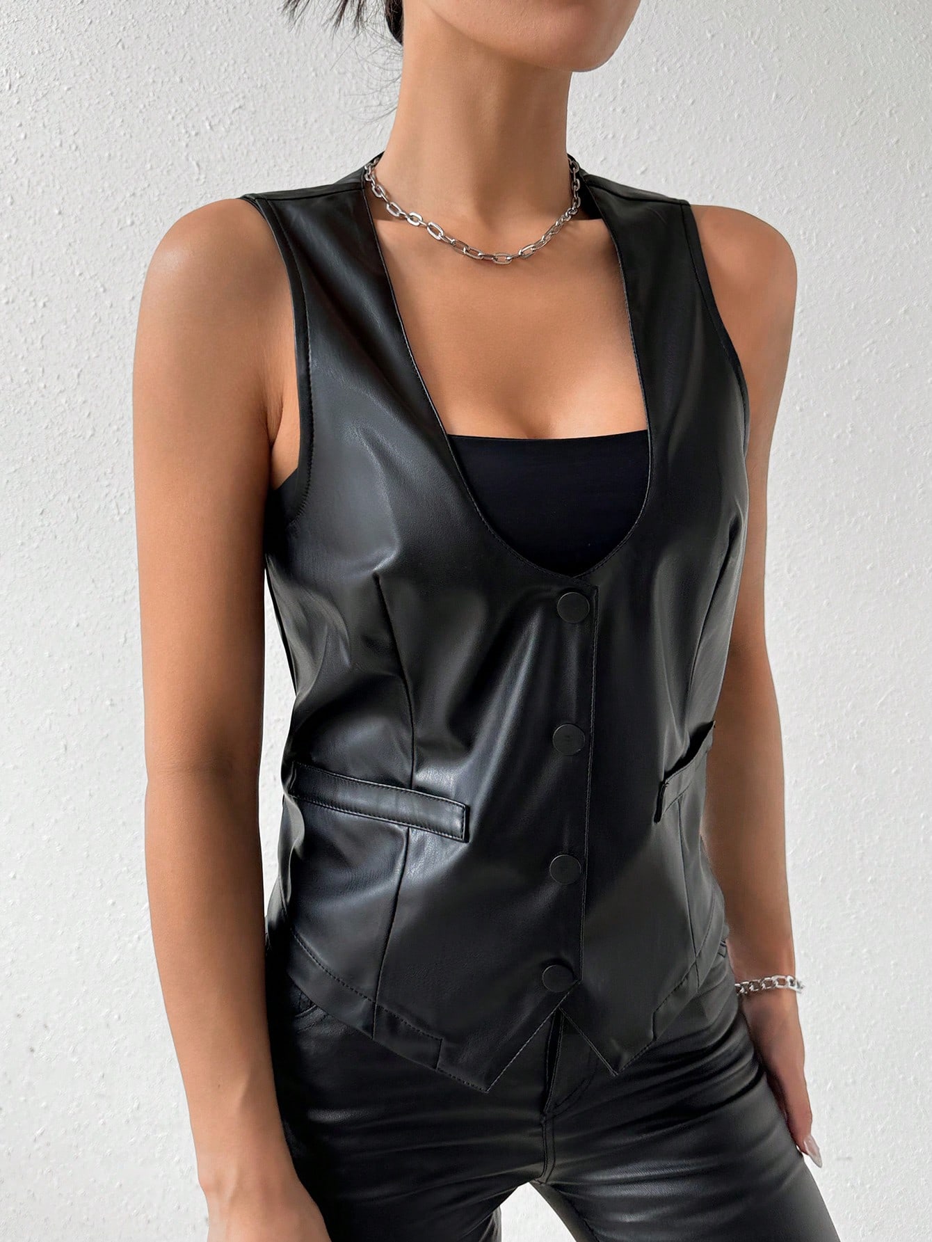 BAE Women's Sleeveless Pu Leather Jacket With Front Button Closure