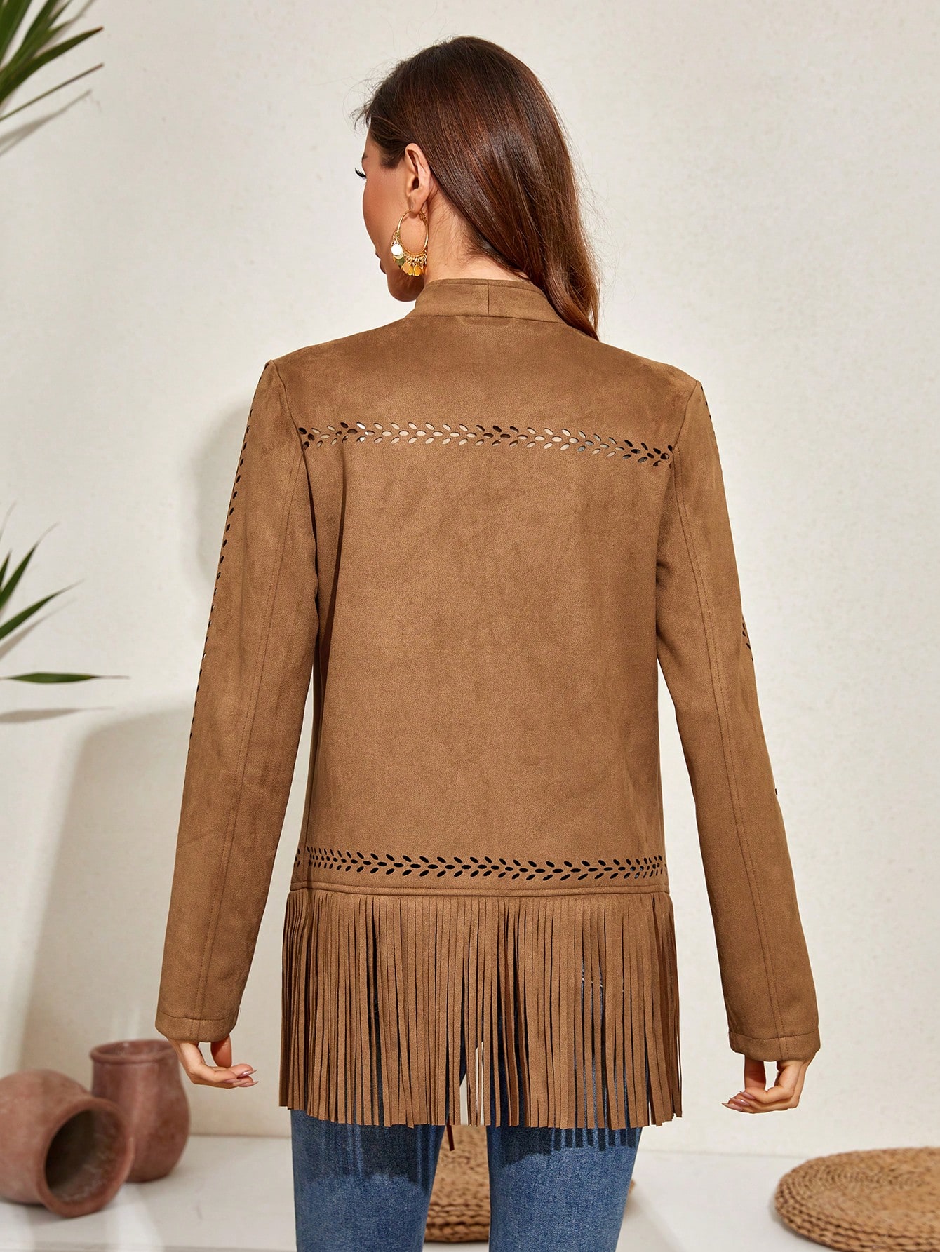 RELISH NOLESS Solid Laser Cut Fringe Hem Coat