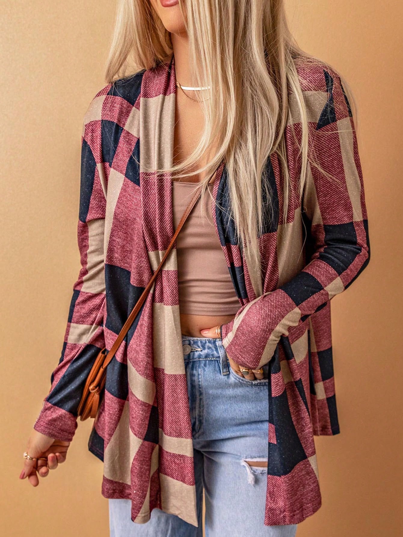 DOKOTOO Plaid Print Open Front Coat