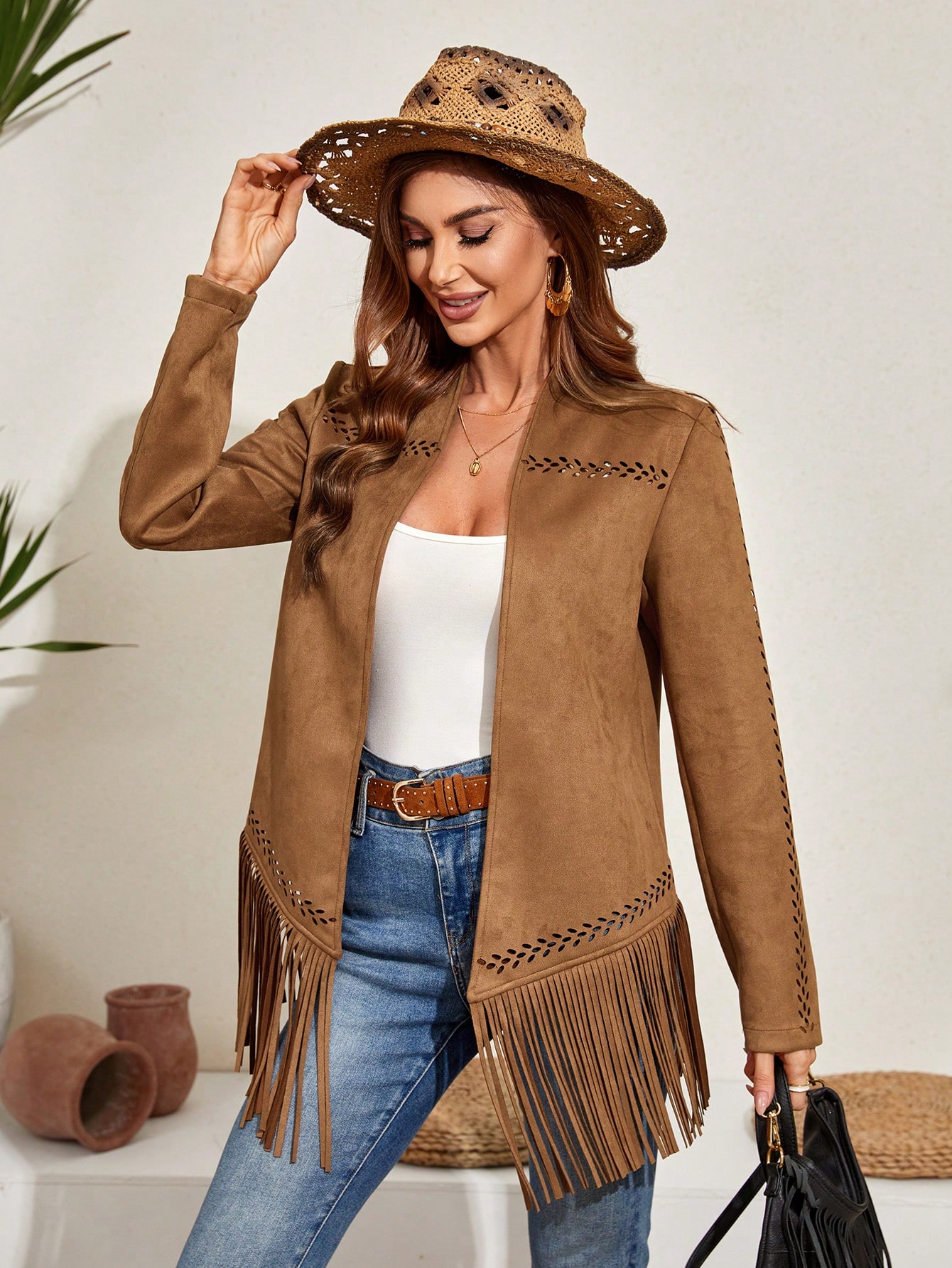 RELISH NOLESS Solid Laser Cut Fringe Hem Coat