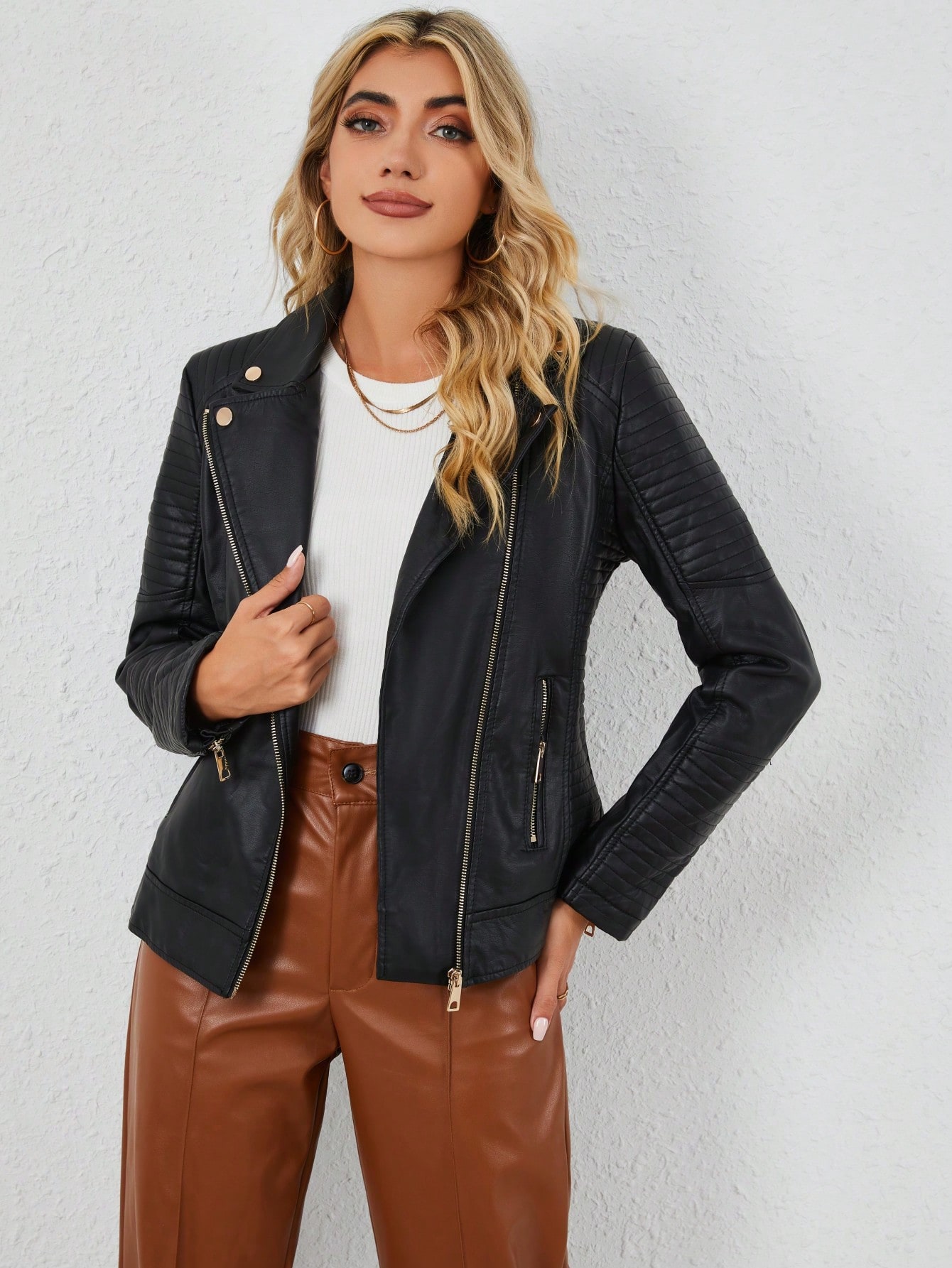 Zip Up PU Leather Moto Jacket