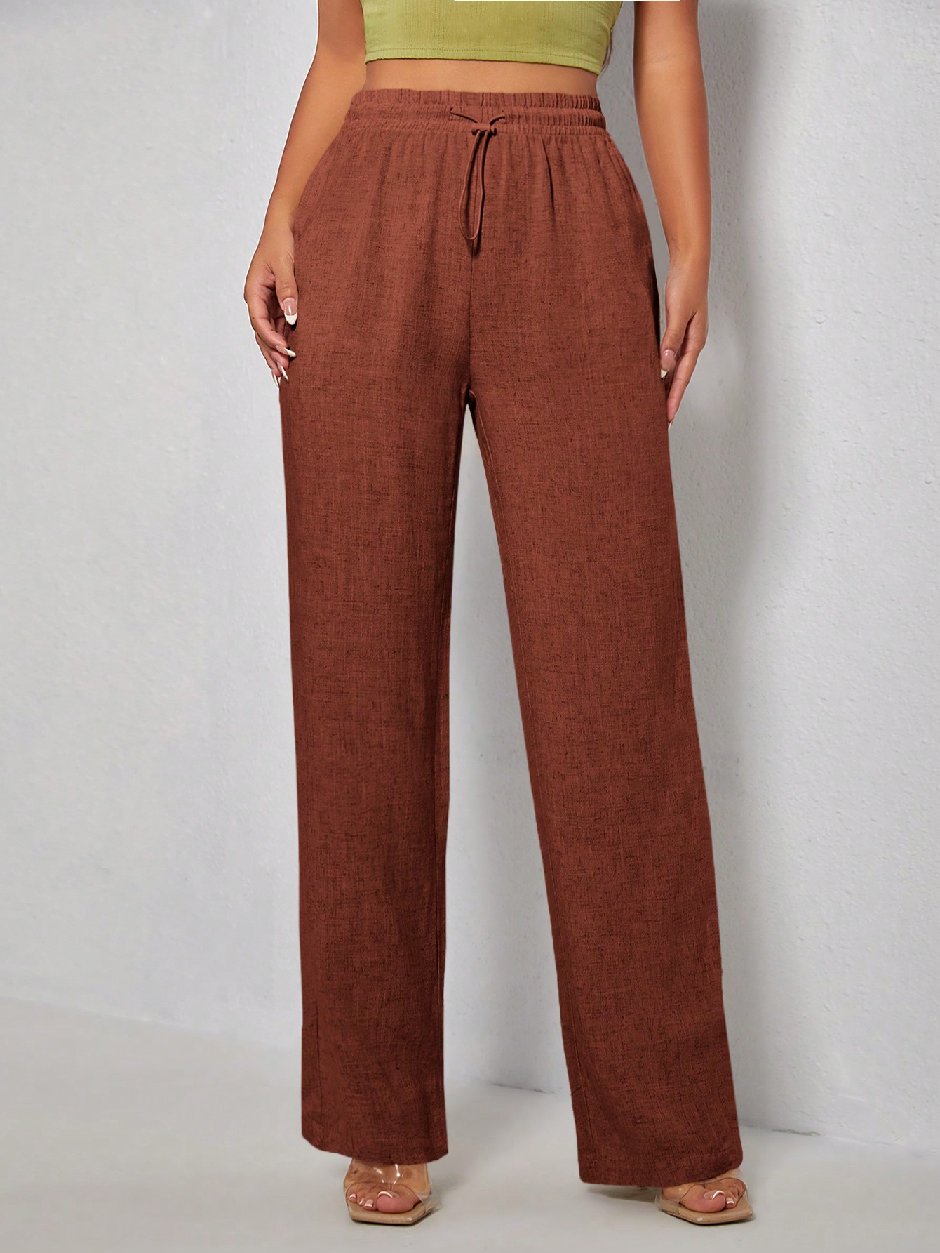 PETITE Solid Color Drawstring Waist Straight Leg Pants