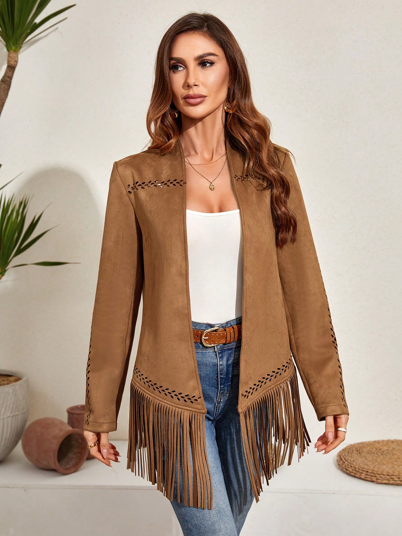 RELISH NOLESS Solid Laser Cut Fringe Hem Coat