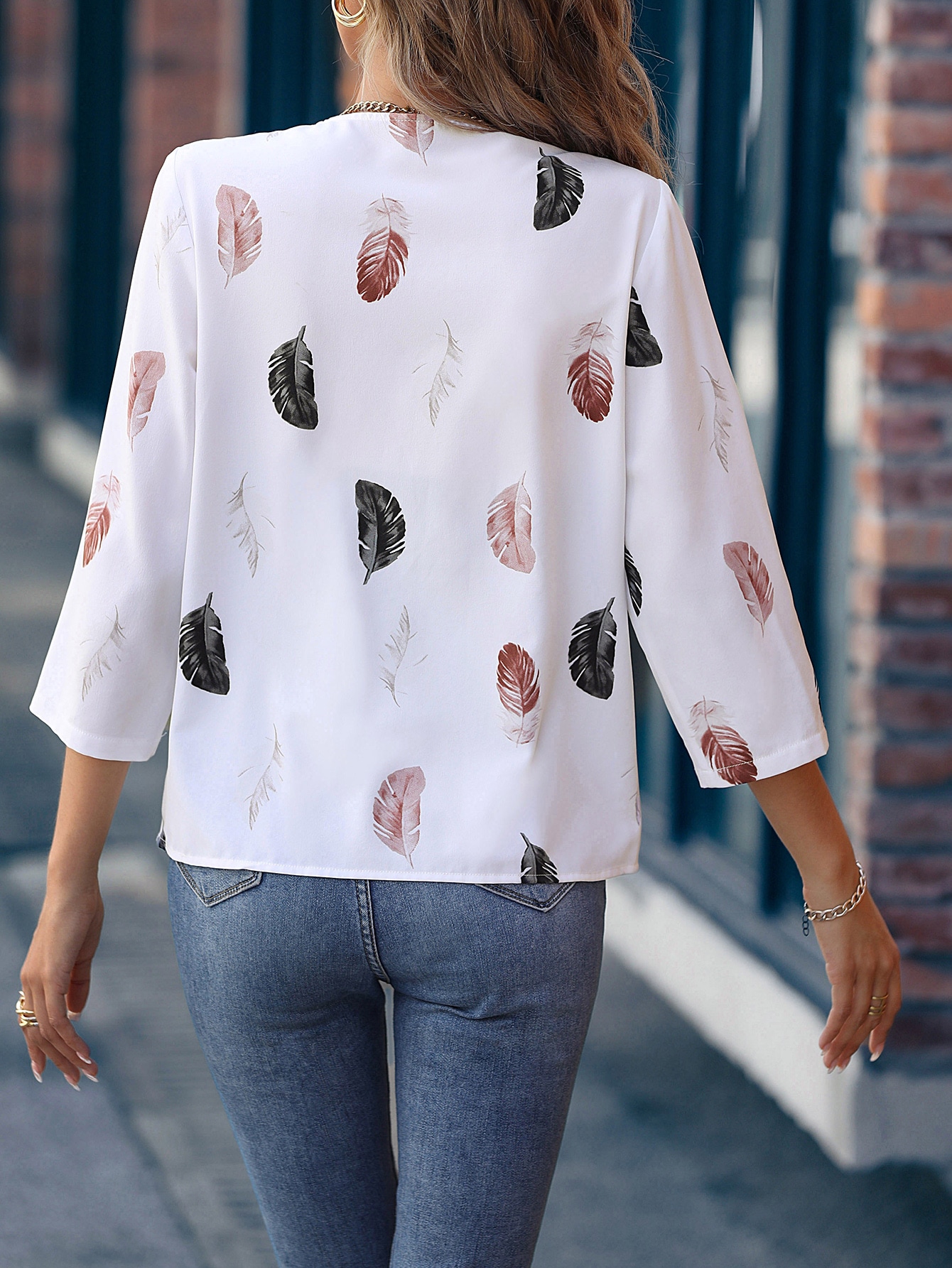 Feather Print Roll Tab Sleeve Blouse