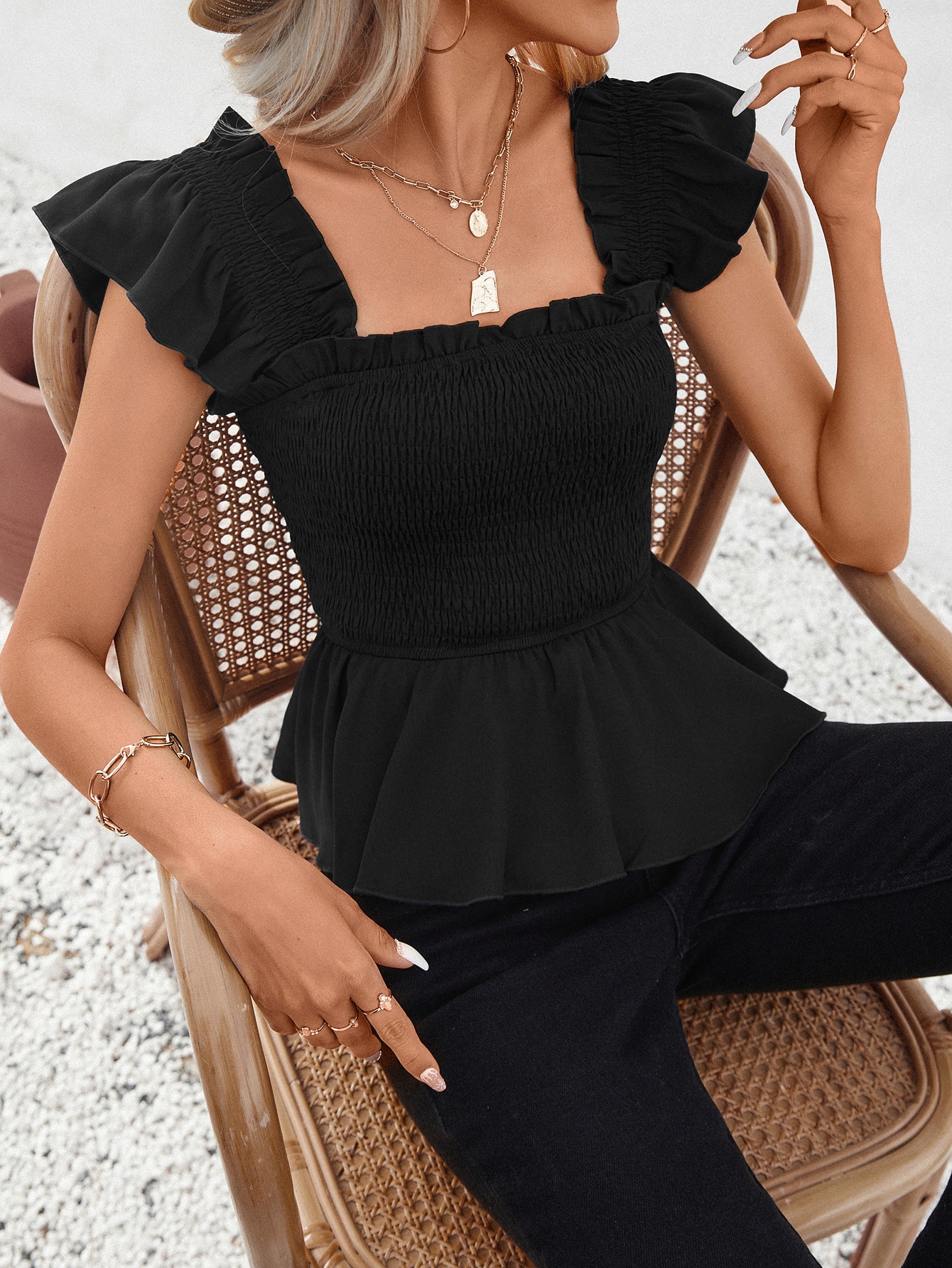 Solid Shirred Ruffle Trim Peplum Blouse