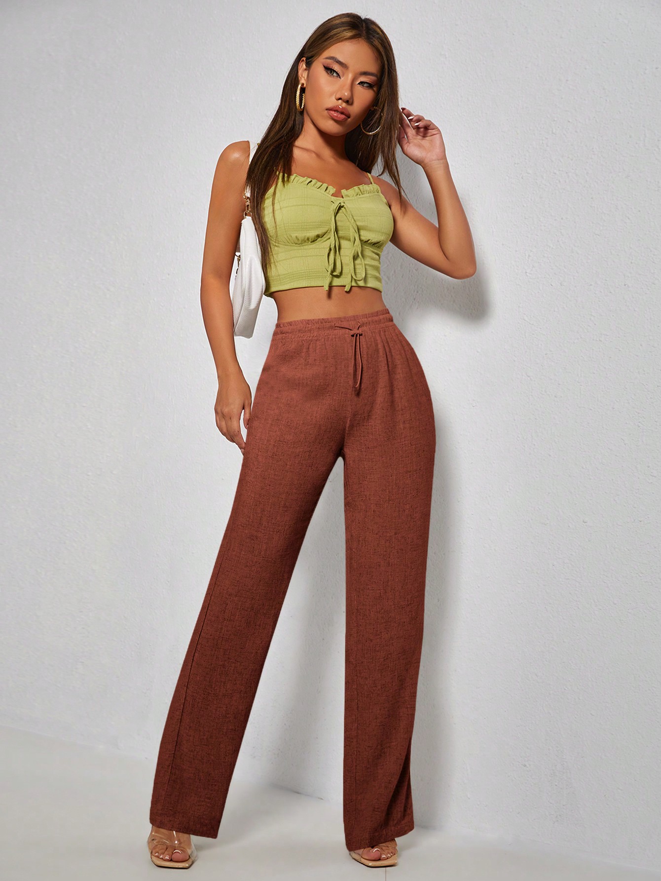 PETITE Solid Color Drawstring Waist Straight Leg Pants