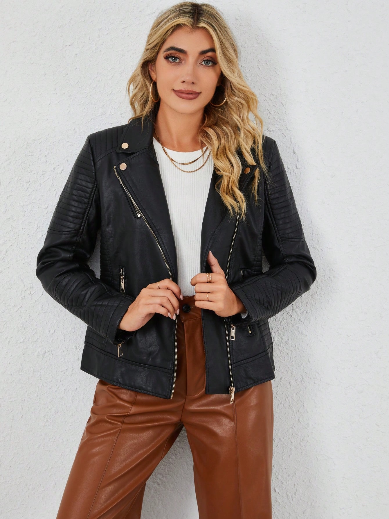 Zip Up PU Leather Moto Jacket