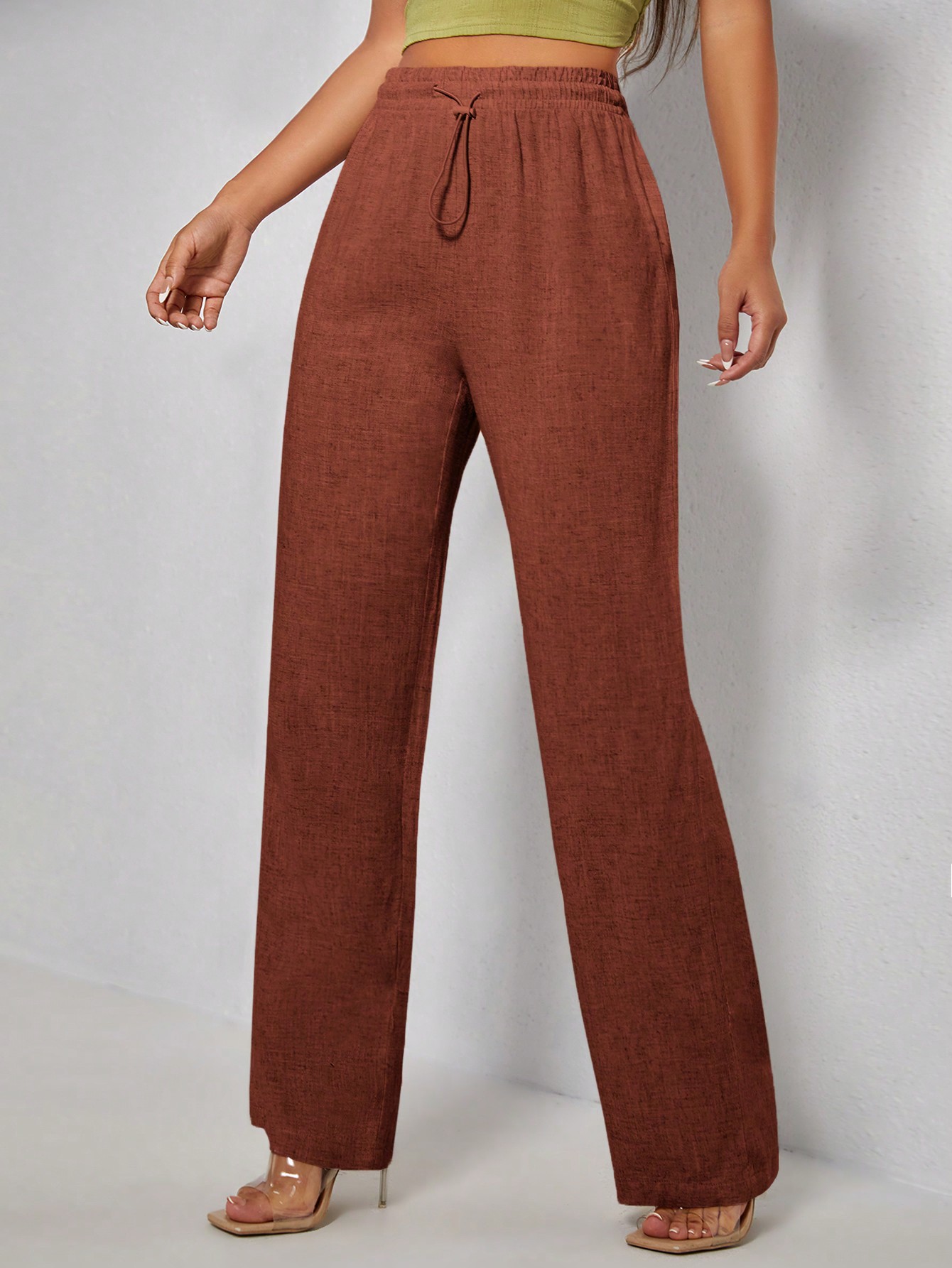 PETITE Solid Color Drawstring Waist Straight Leg Pants