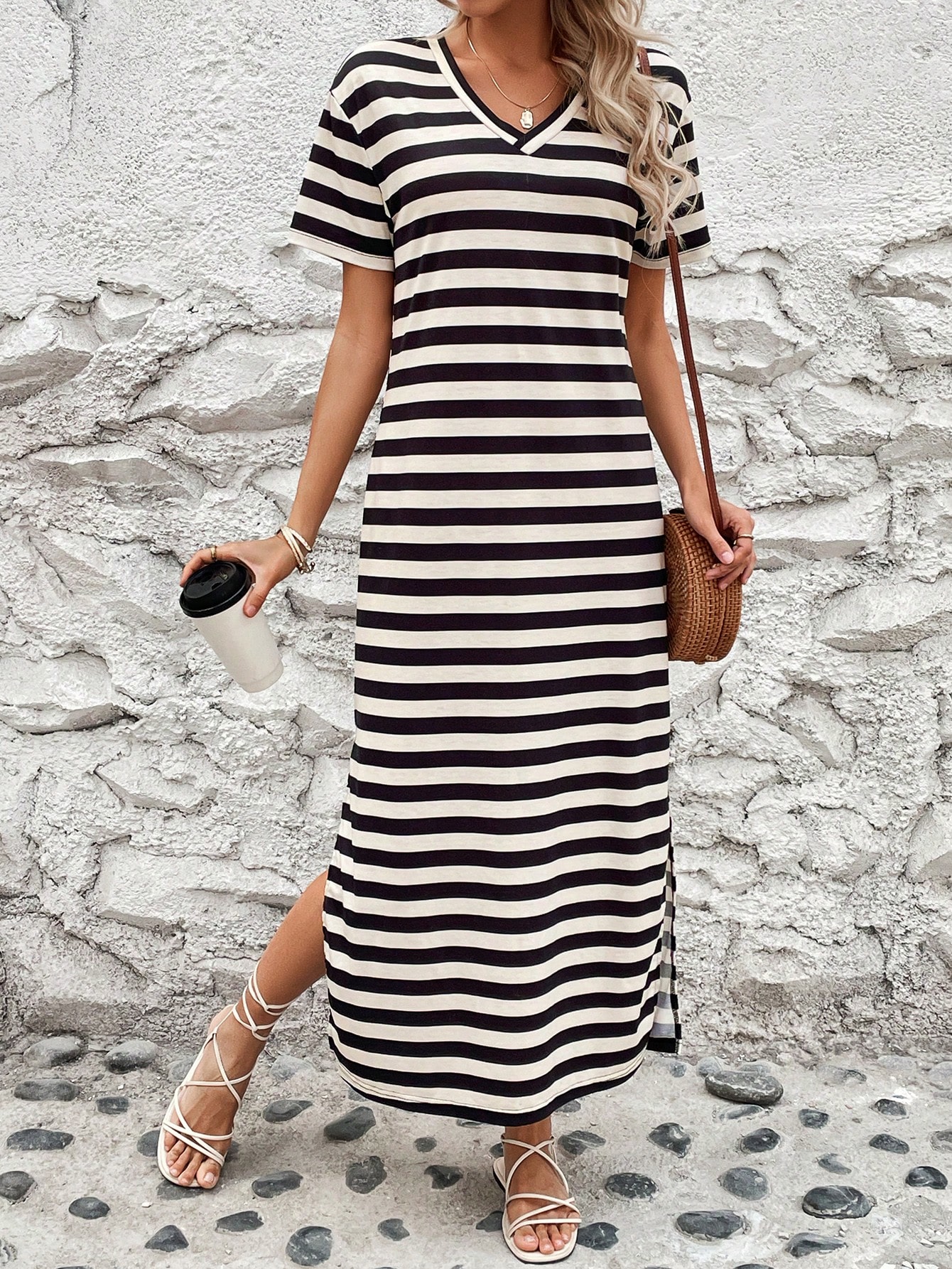 Digitally Printed Striped V-Neck Long Dress With Two Side Slits