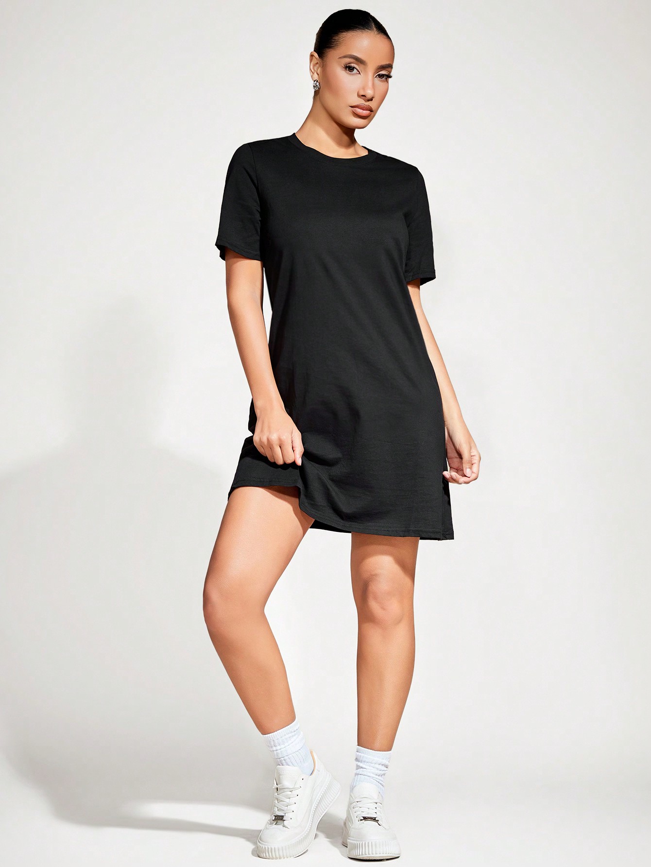 BASICS Solid Round Neck Short Sleeve Tee Dress