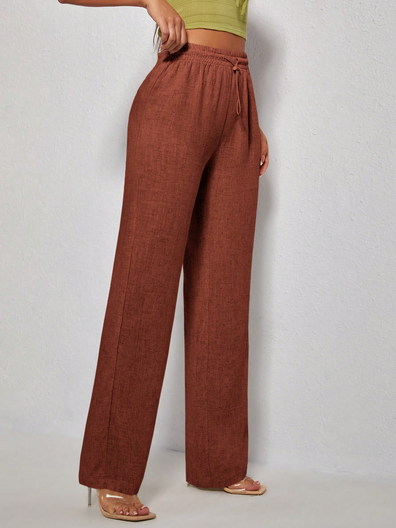 PETITE Solid Color Drawstring Waist Straight Leg Pants