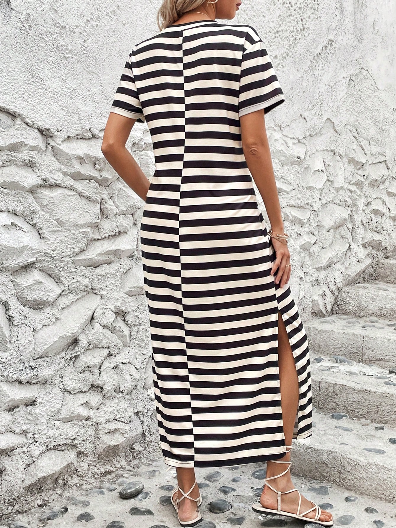 Digitally Printed Striped V-Neck Long Dress With Two Side Slits