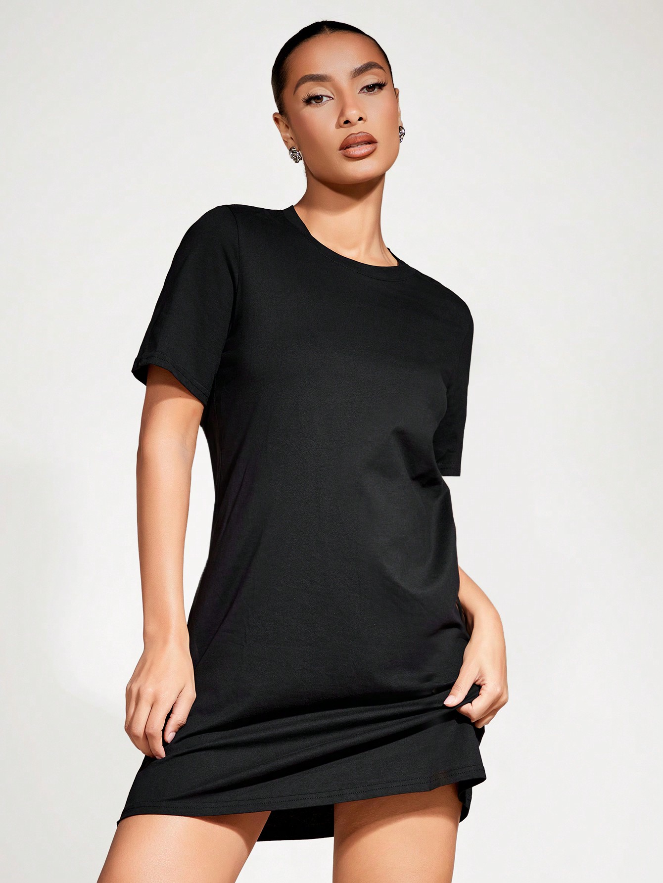 BASICS Solid Round Neck Short Sleeve Tee Dress