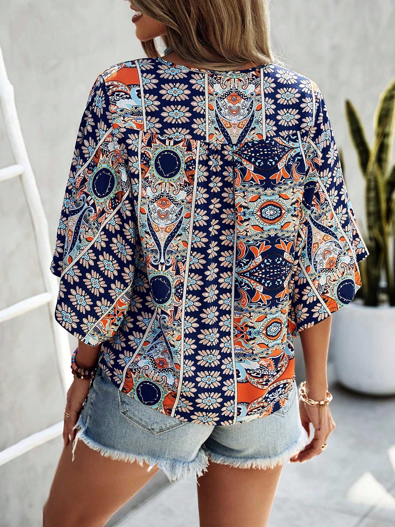 Allover Print Batwing Sleeve Blouse