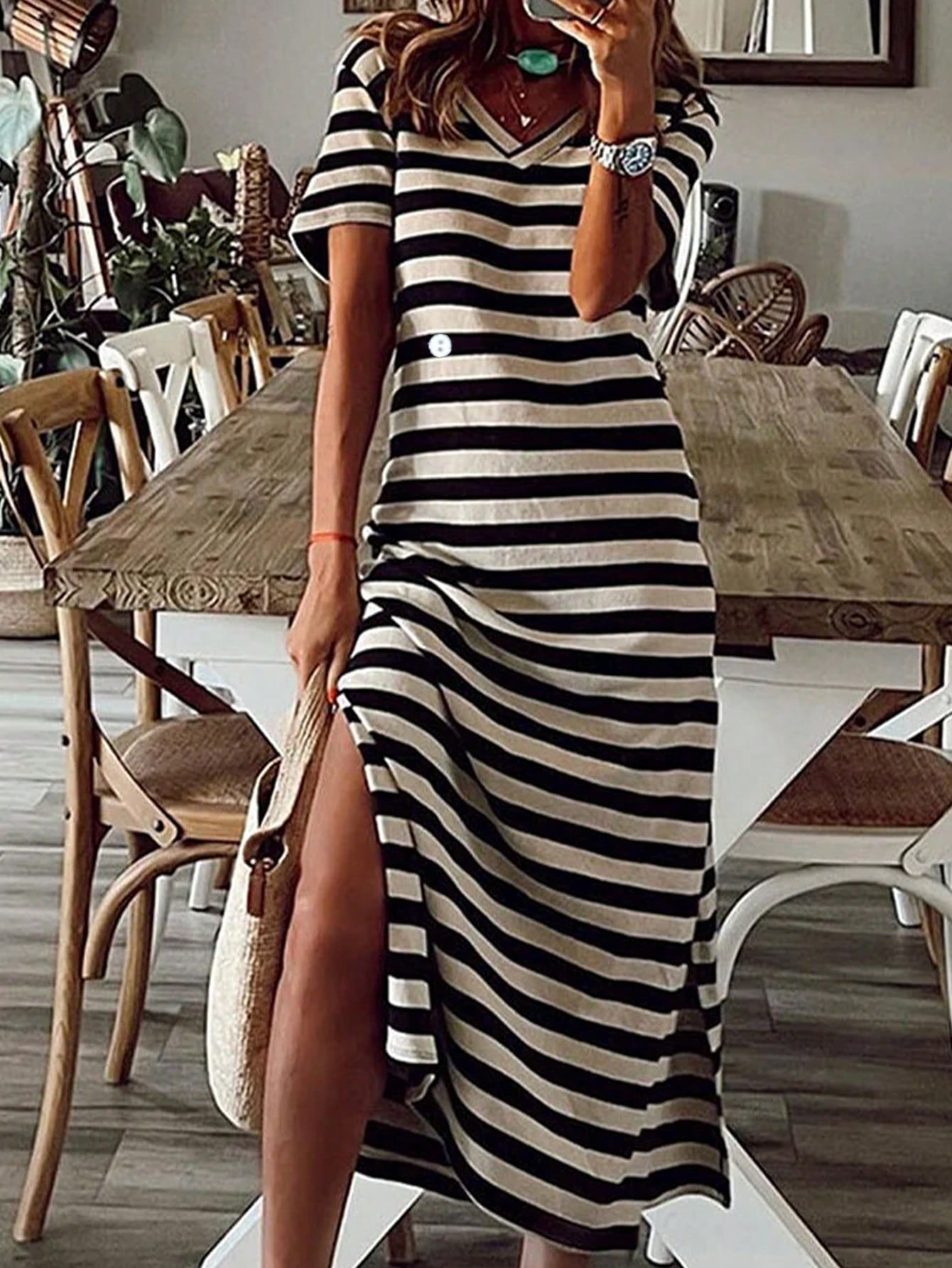 Digitally Printed Striped V-Neck Long Dress With Two Side Slits